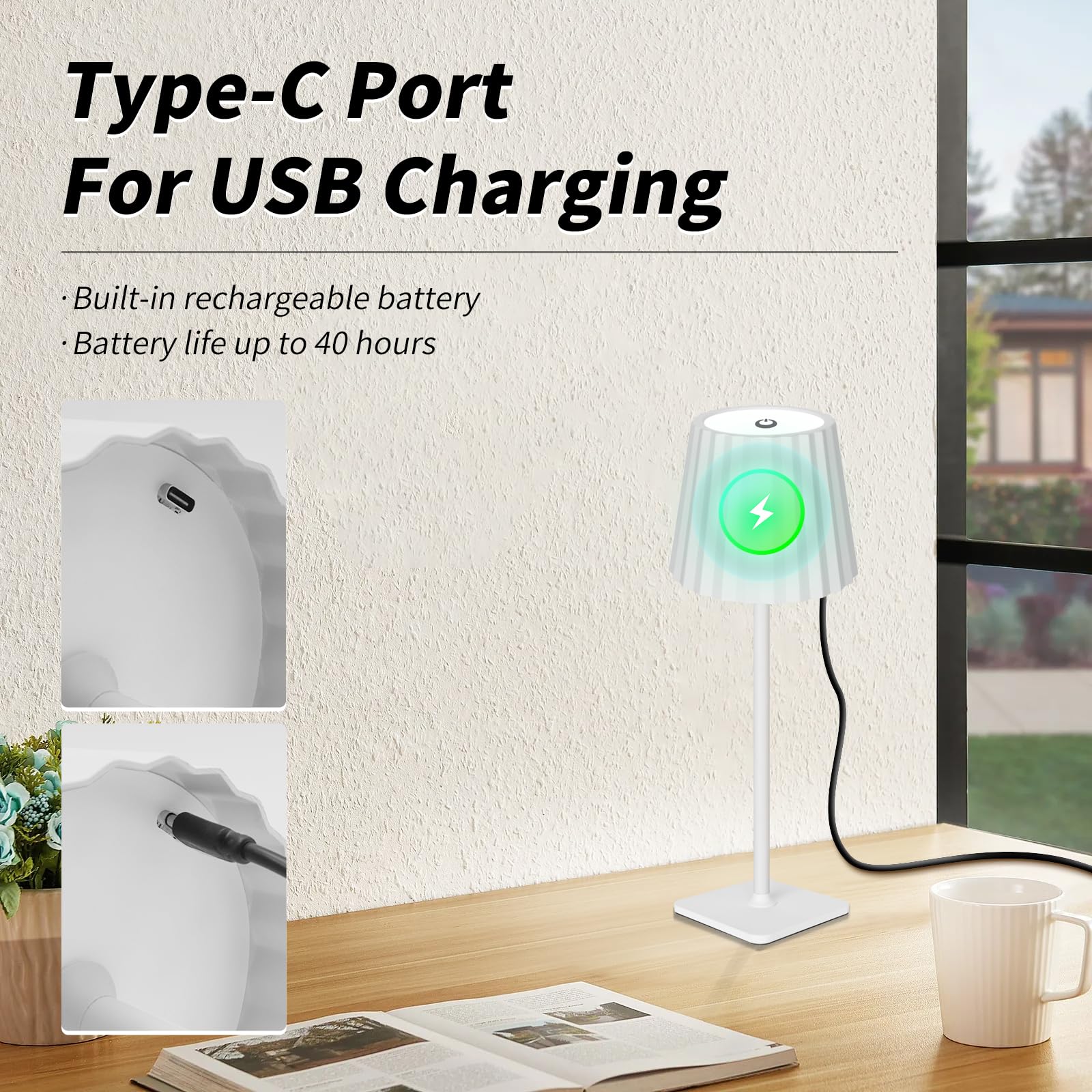 Mr. White Lampe De Table LED Sans Fil Rechargeable à Piles Pour