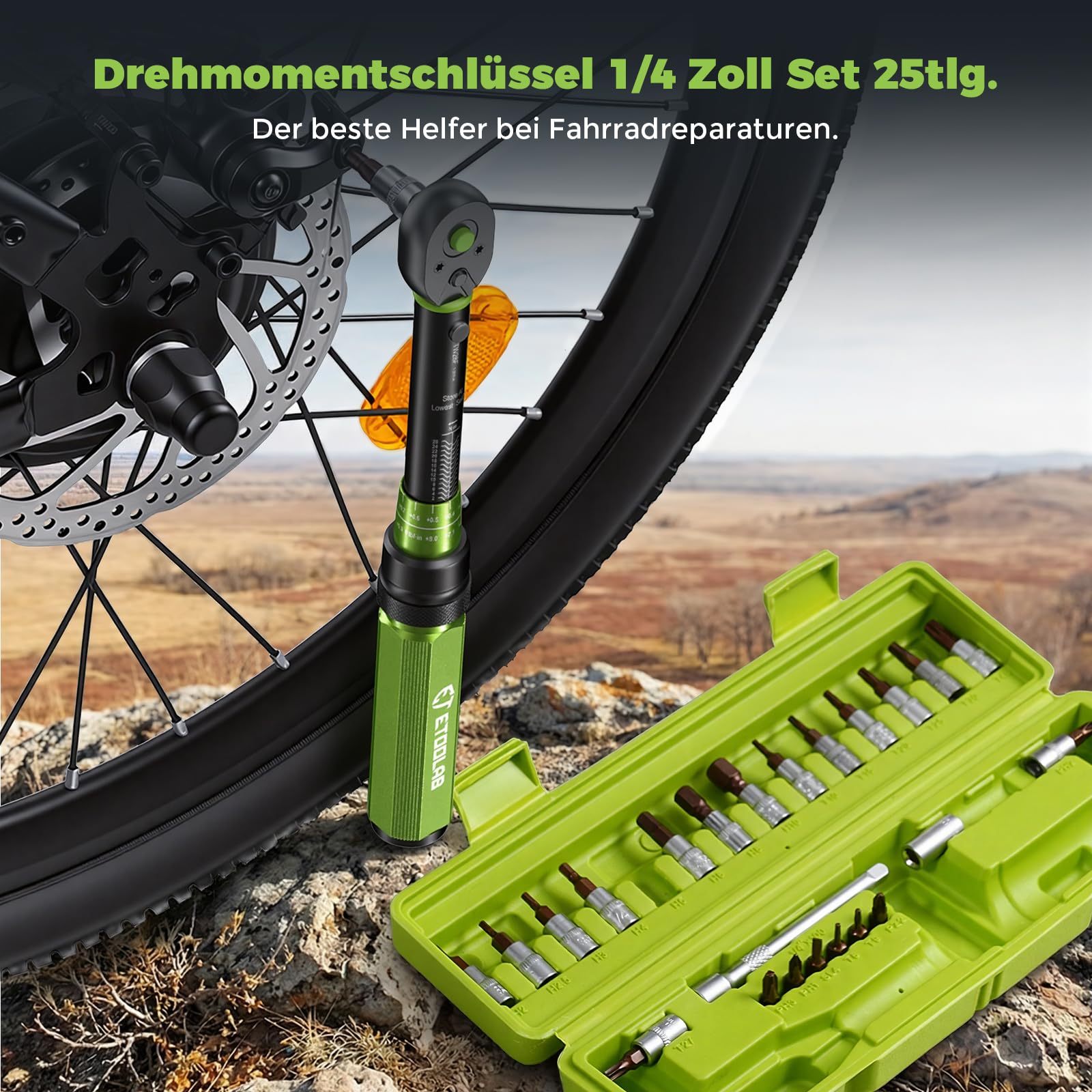 ETOOLAB Drehmomentschlüssel Fahrrad 1/4" Set-25tlg | Drehmomentschlüssel ±3% Fehlergenauigkeit, 1-26 N·m/10-231,3 lbf·in, 72 Zähne für Reifenwechsel/Motorrad/Fahrrad
