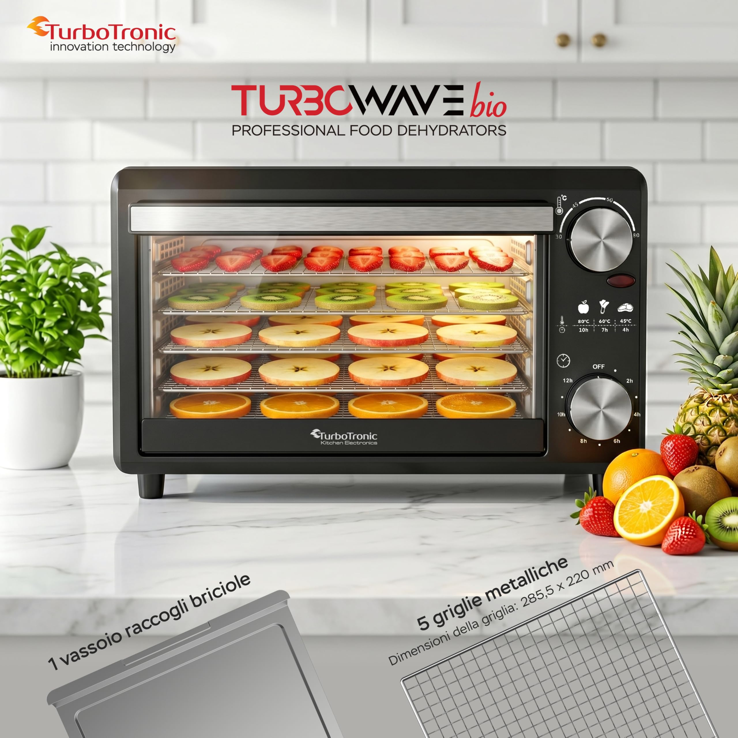 TurboTronic FD14 - Disidratatore Alimentare 14 L con 5 Vassoi - Essiccatore Alimentare a 5 Ripiani per Frutta, Verdura, Funghi, Carne, Pesce ed Erbe - Temperatura e Timer Regolabili (Black)