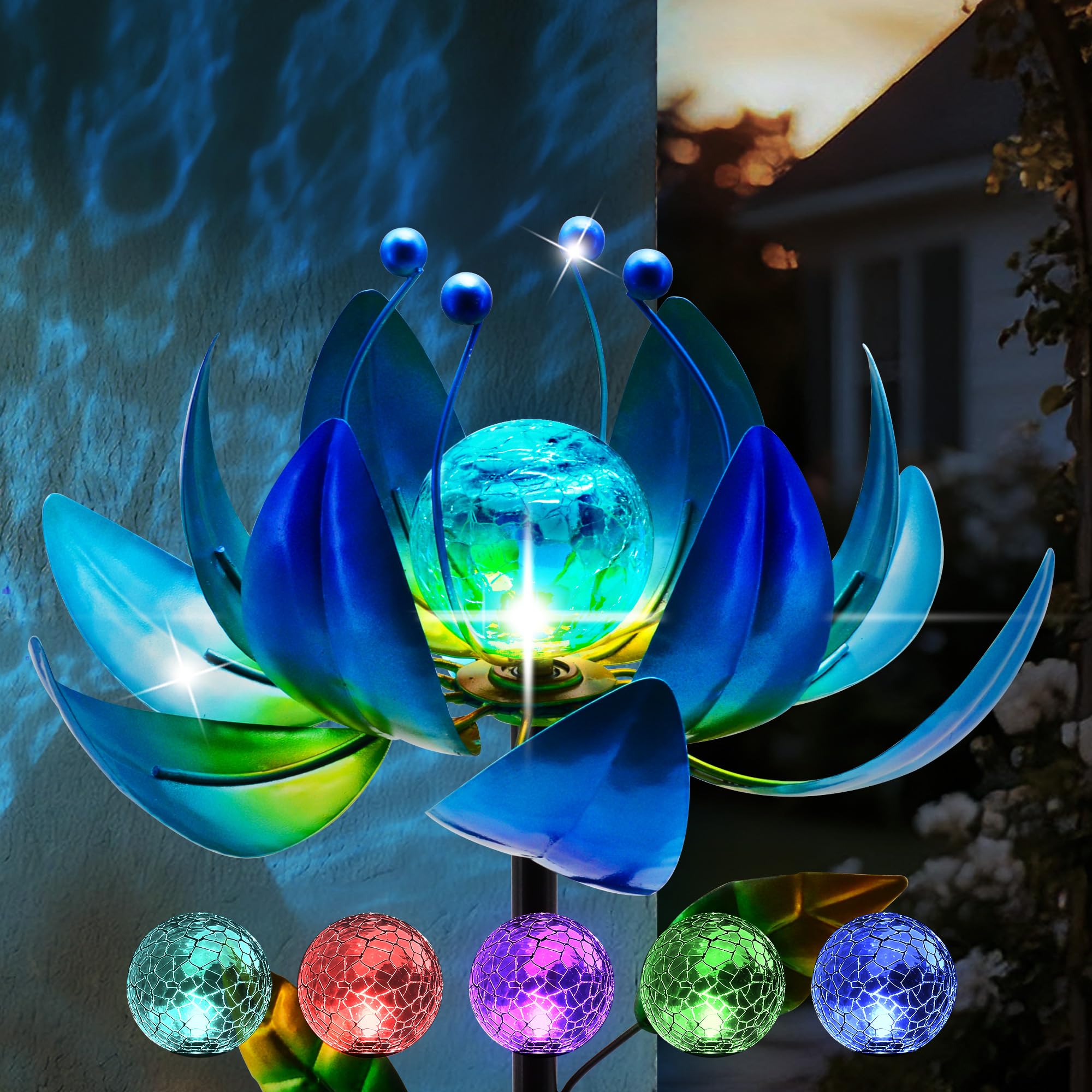 Luci a vento solare per esterni, fiore di loto blu con sfera di vetro incrinato e LED multicolore, arte da cortile in metallo da 101 cm, per giardino, patio, a energia solare, resistente alle