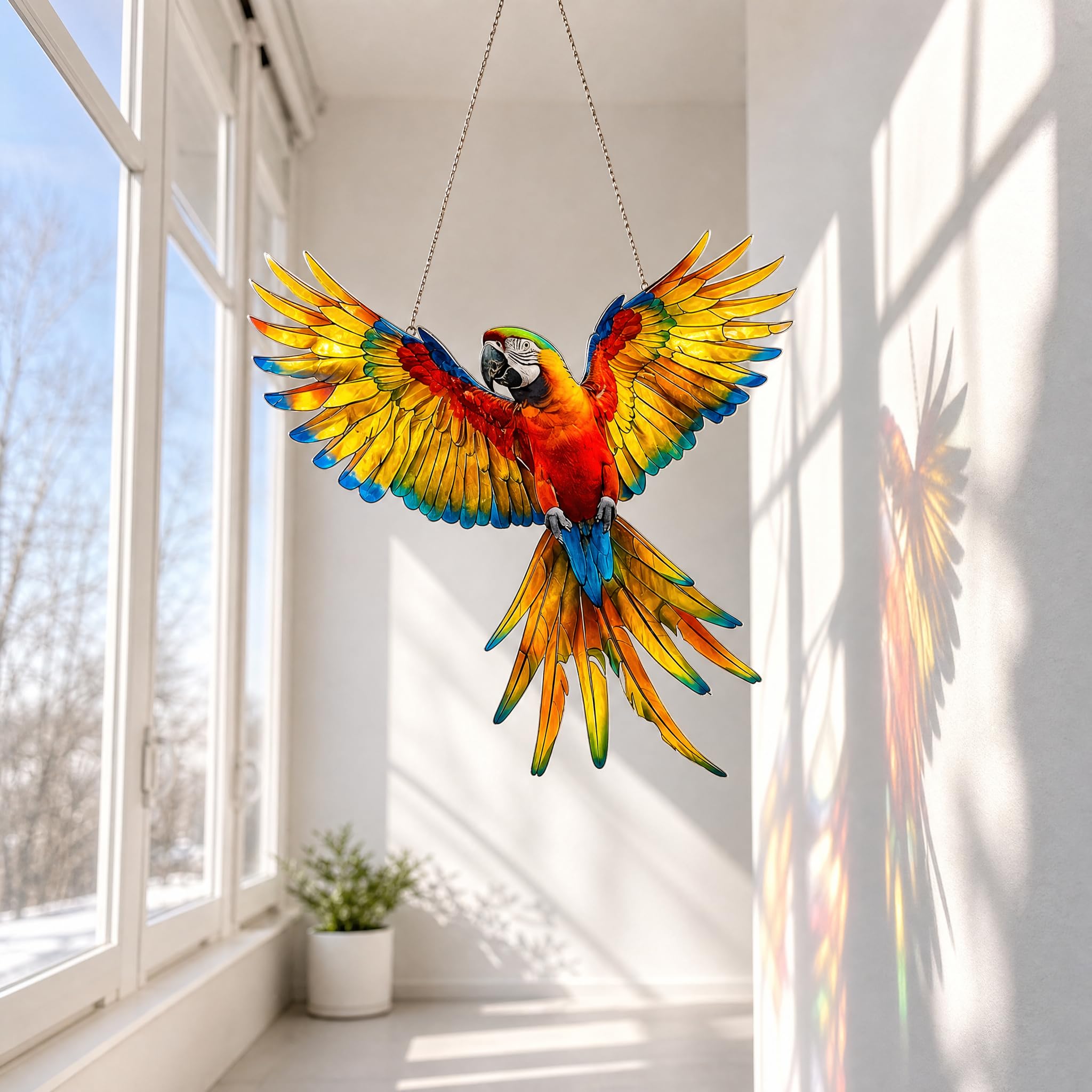 Fensterdeko hängend modern, 2 Stück Papagei Deko aus Acryl, Buntglas Sonnenfänger mit Kette – farbenfrohe Vögel zum Aufhängen für Fenster, Tür & Garten Garten