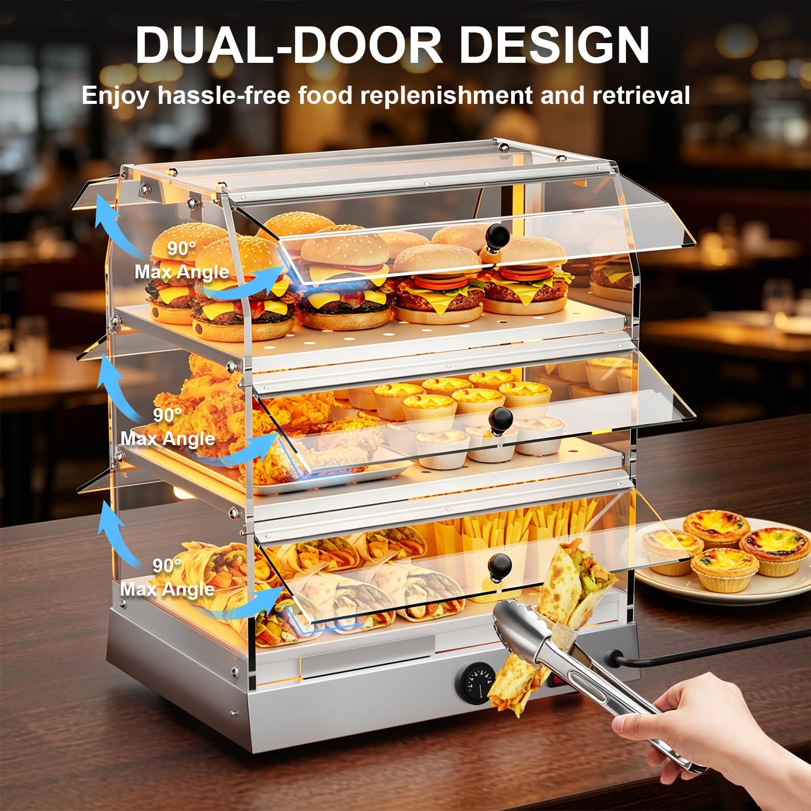 TAIMIKO Scaldabagno commerciale scalda armadio vetrina in acciaio inox 3 livelli, scalda pizza per piatti caldi, scalda pasticceria, piano di lavoro, vetrina riscaldata, pasticceria, ristorante patty