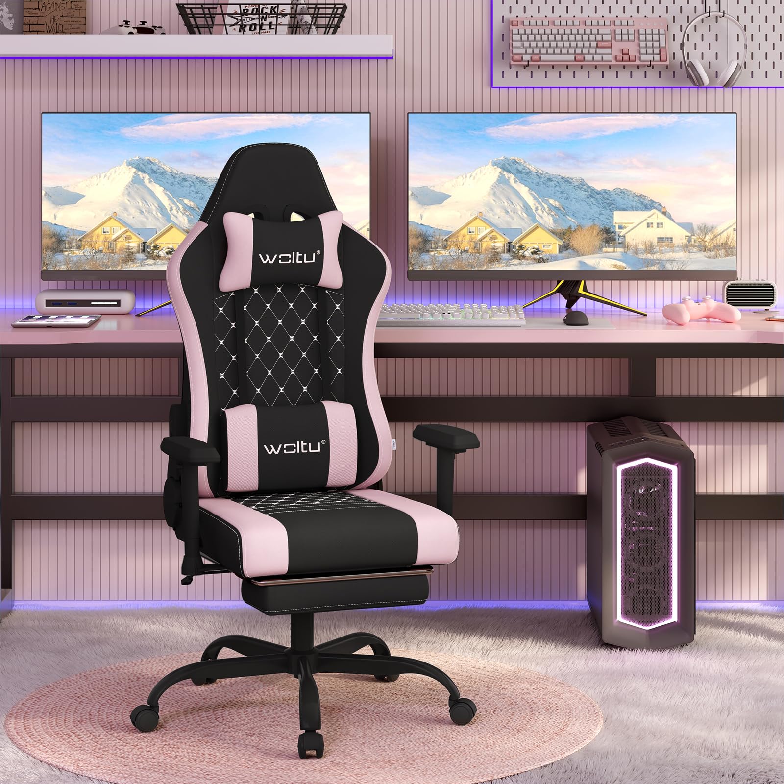 WOLTU Chaise Gaming, Chaise Bureau Massante, Fauteuil Ergonomique avec Coussin Lombaire Massant, Siège Large à Ressorts, Appui-tête, Repose-Pieds, Tissu Maille, Charge 150kg, Noir+Rose