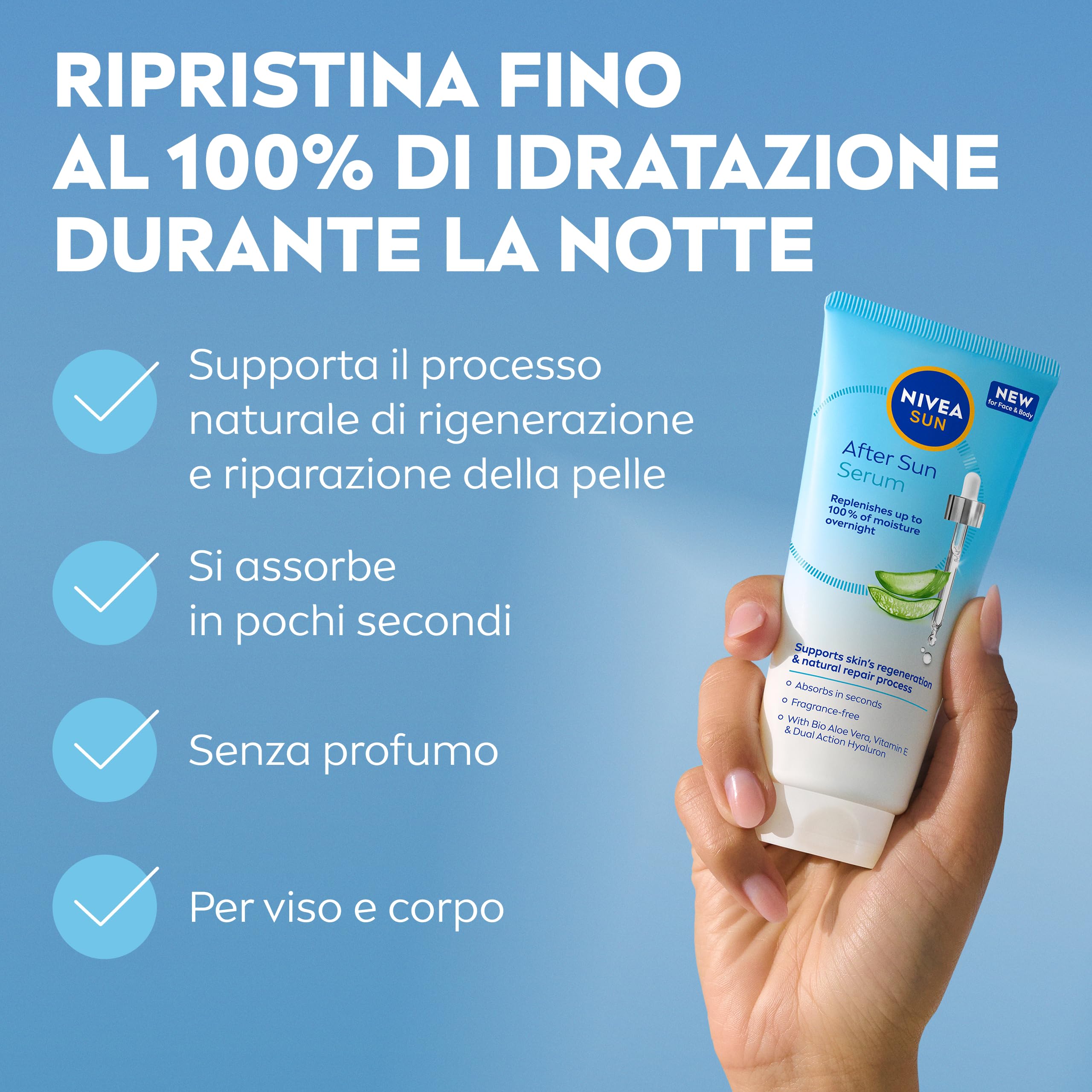 NIVEA SUN Siero Doposole 100 ml, Siero dopo sole idratante e rigenerante per viso e corpo, Aftersun con Aloe Vera Bio, Vitamina E e Acido Ialuronico, Assorbimento rapido, Senza profumo