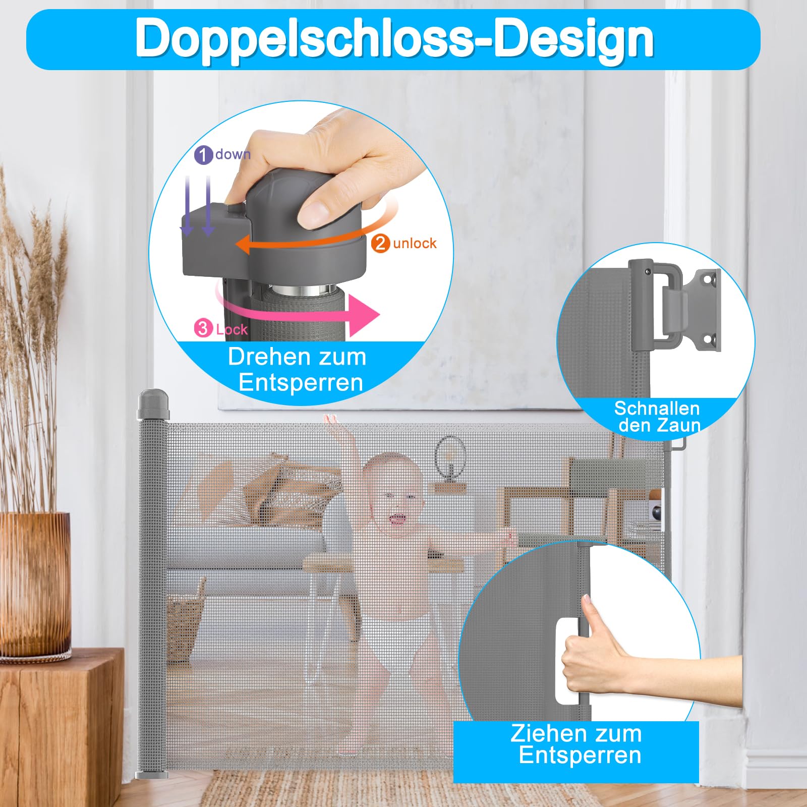 LZQ Türschutzgitter Treppenschutzgitter Roll für Babys und Haustiere,Baby Absperrgitter,0-180cm, 87 cm Hoch,Geeignet für Treppen/Türen/Innen & Außen, Grau
