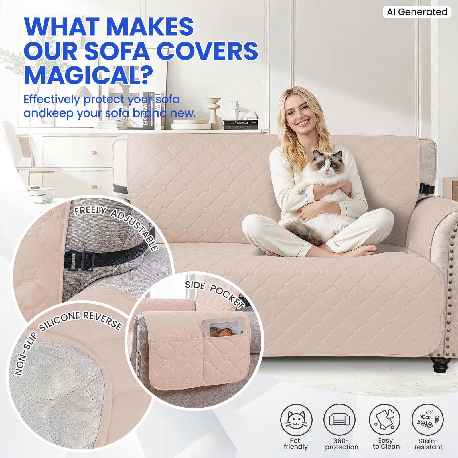 Ystyle Impermeable Housse Canapé 3 Places, Housse De Canapé avec Accoudoirs, Universelle Protege Canape, Répulsif Liquide, Antidérapante Épaissi, Protection Griffures, Beige