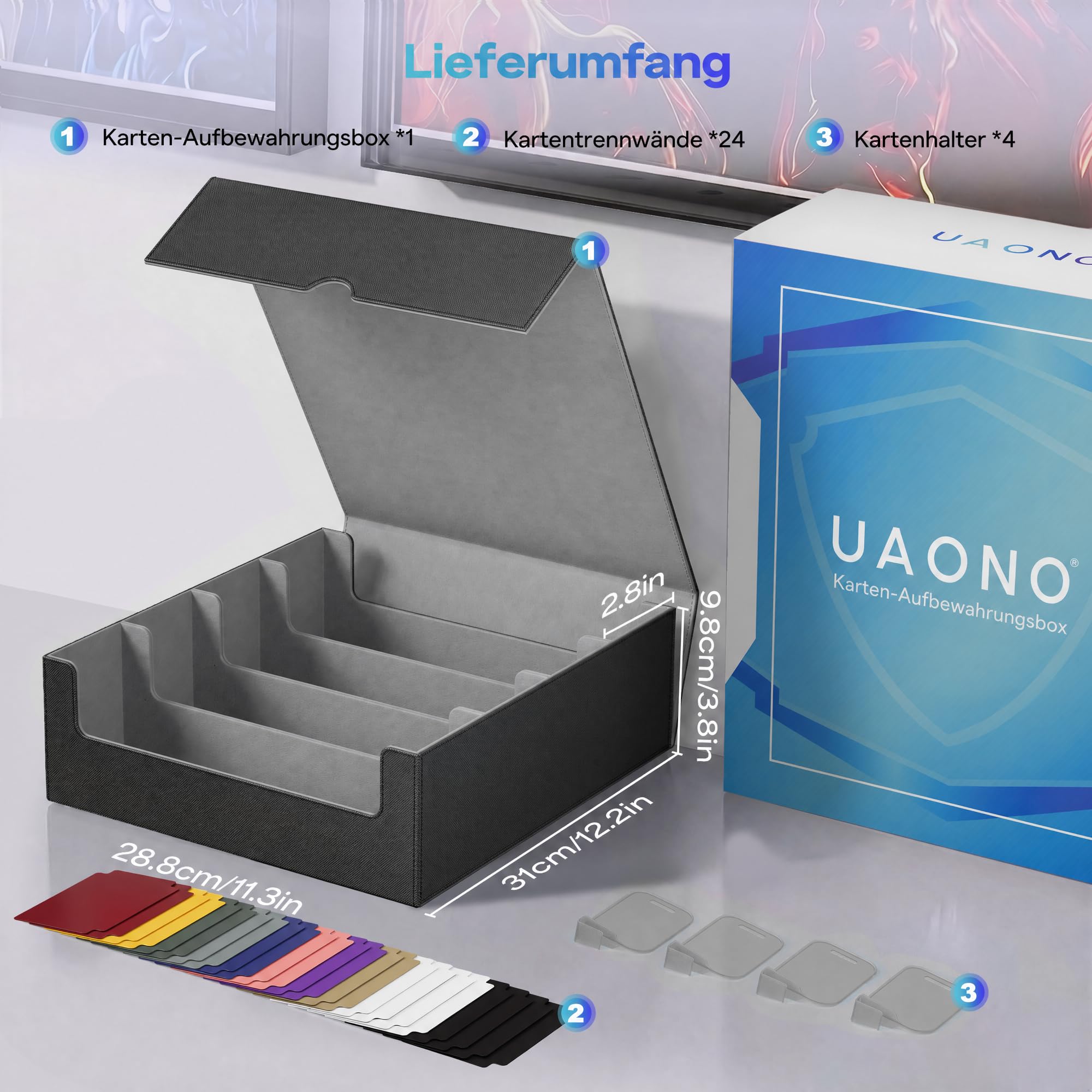 UAONO Kartenaufbewahrungsbox für Trading Cards, 2400+ MTG Commander Deck Box mit 24pcs bunten Teilern, Kartenetui passend für Magic TCG PTCG Spielkarten(schwarz und grau)
