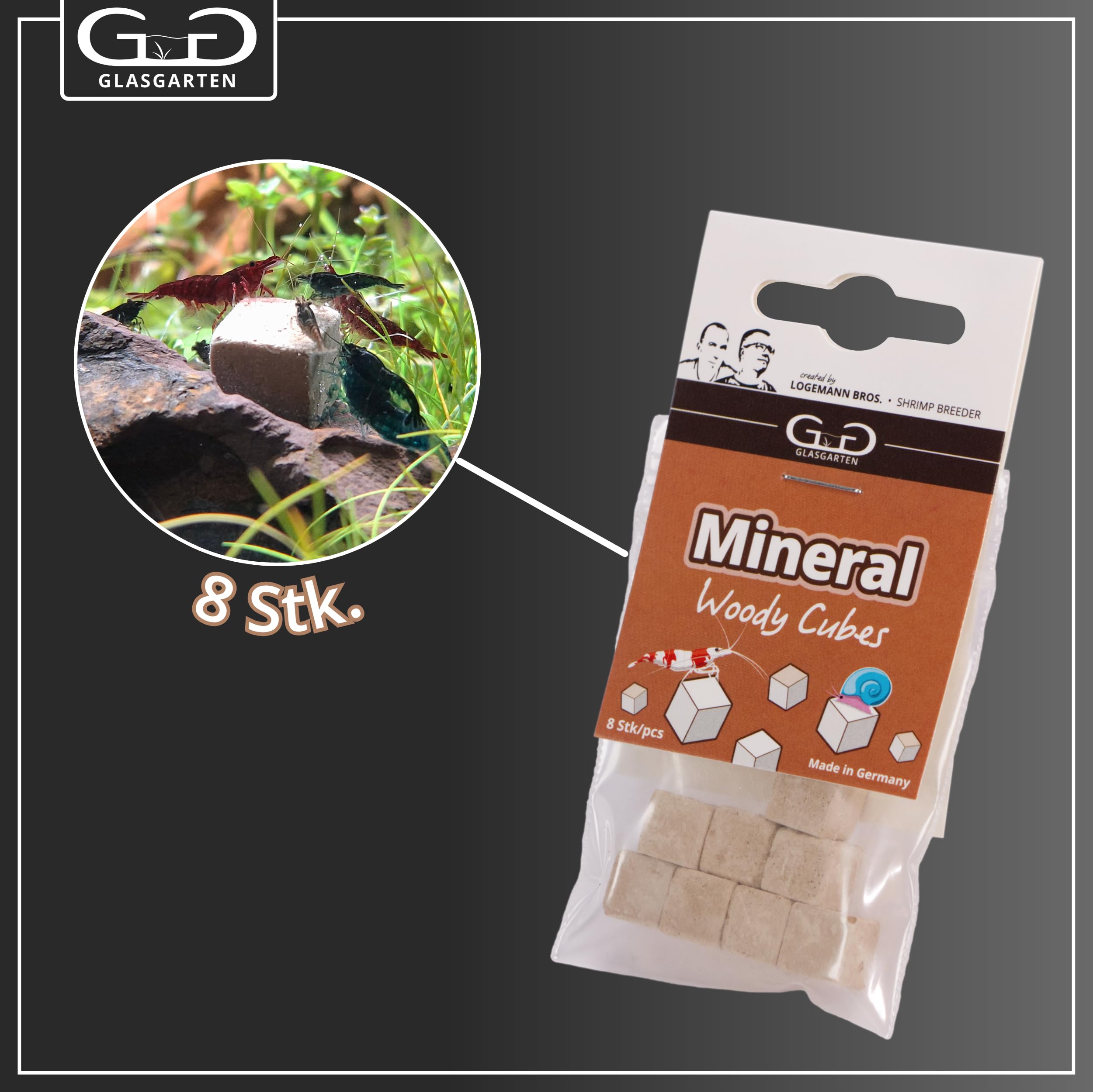 GlasGarten Mineral Woody Cubes | 8 pezzi – Mangime complementare/minerale per gamberetti decorativi, lumache e gamberi con minerali e fibre di legno