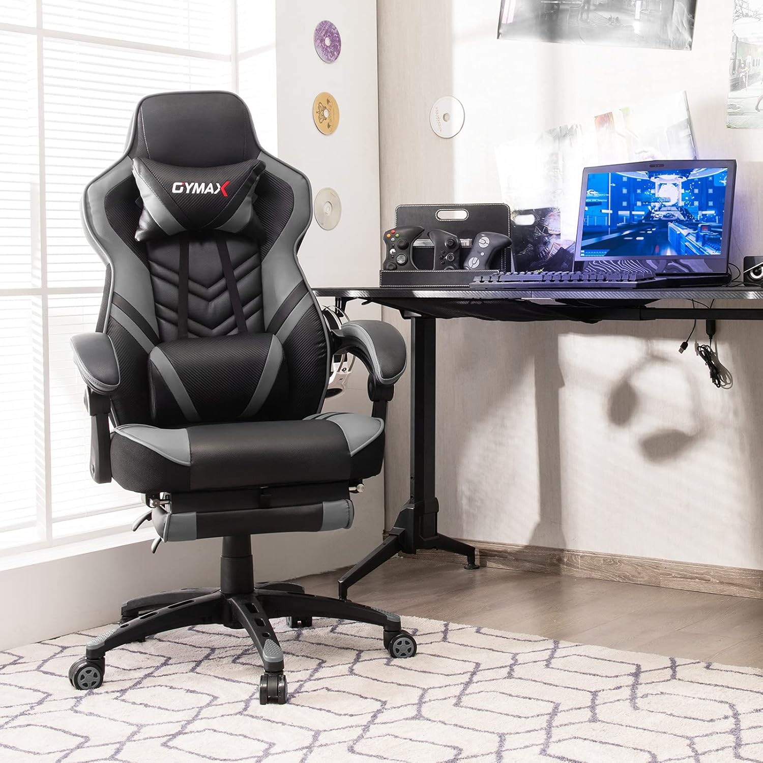 GYMAX Gaming Chair, Ergonomic Computer Chair with Footrest, Linkage Armrests & Lumbar Cushion, Big Wide High Back Video Gaming Chair, Reclining Office Rolling Chair for Adult/Teens (Gray)