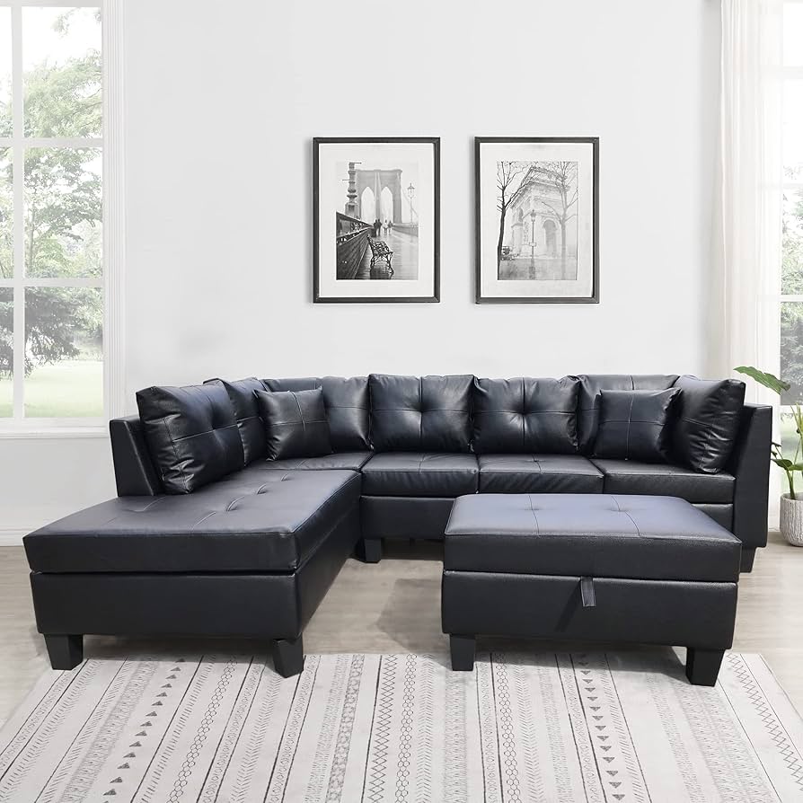 ソファとカウチ (black) Hommoo Faux Leather 4-Seat L Shaped Couch Living Room Sofa