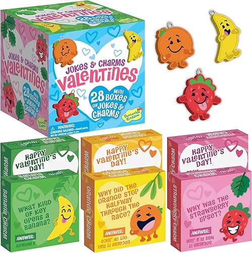 Miniatura 1 de Peaceable Kingdom Tarjetas de San Valentín para el aula de niños, juego de 28 regalos para el día de San Valentín, bromas tontas con dijes de frutas