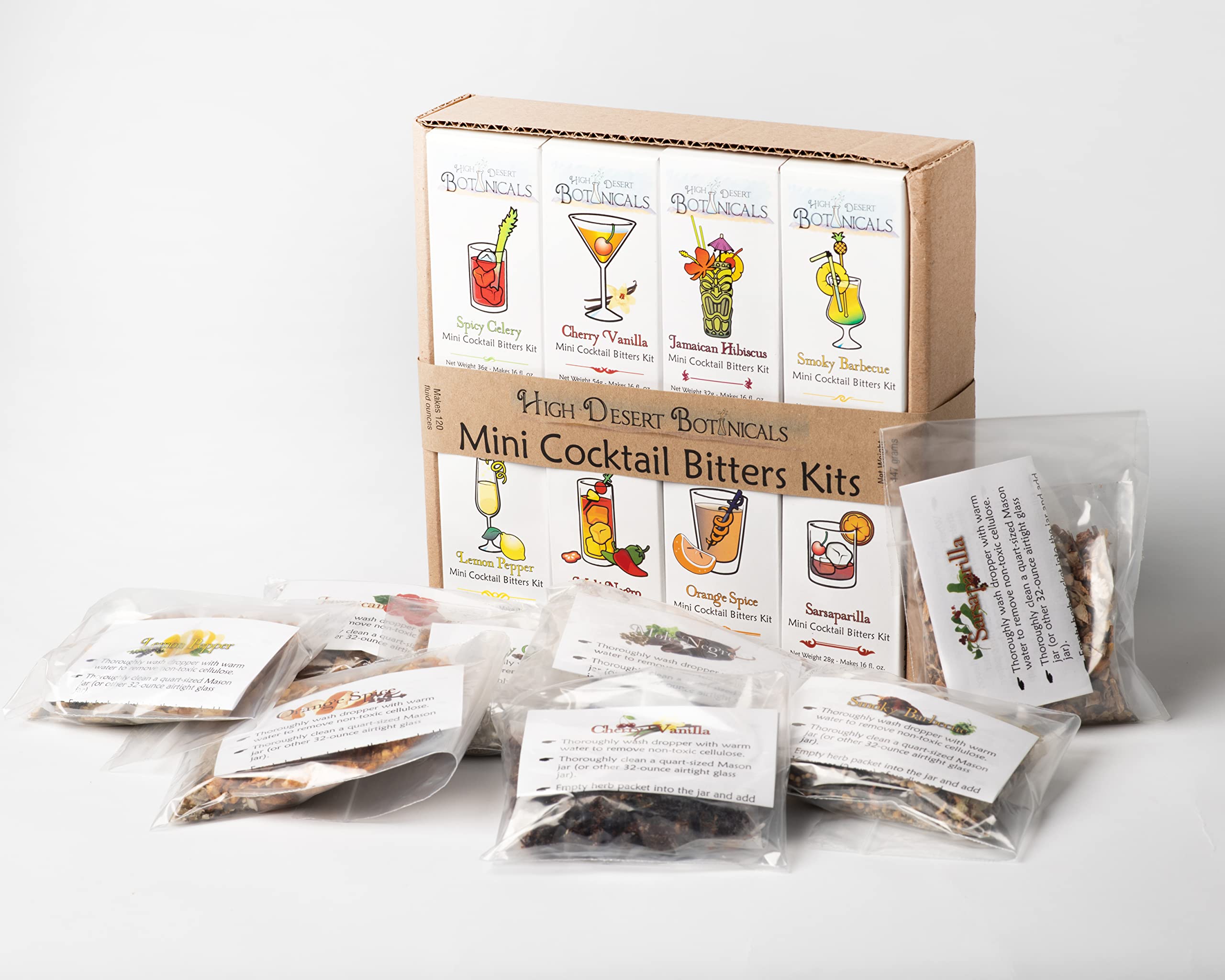 Pack of 8 DIY Mini Bitters Kit | Make Your Own Aromatic Bitters to Perfectly Flavor Drinks | 8 Different Easy To Use Flavors for New or Classic Cocktails | Makes Approx. 2000 Servings