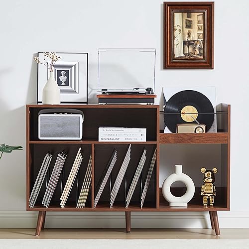 Miniatura 5 de RARZOE Soporte grande para tocadiscos, soporte de exhibición de discos de vinilo de mediados de siglo, soporte para tocadiscos con almacenamiento,