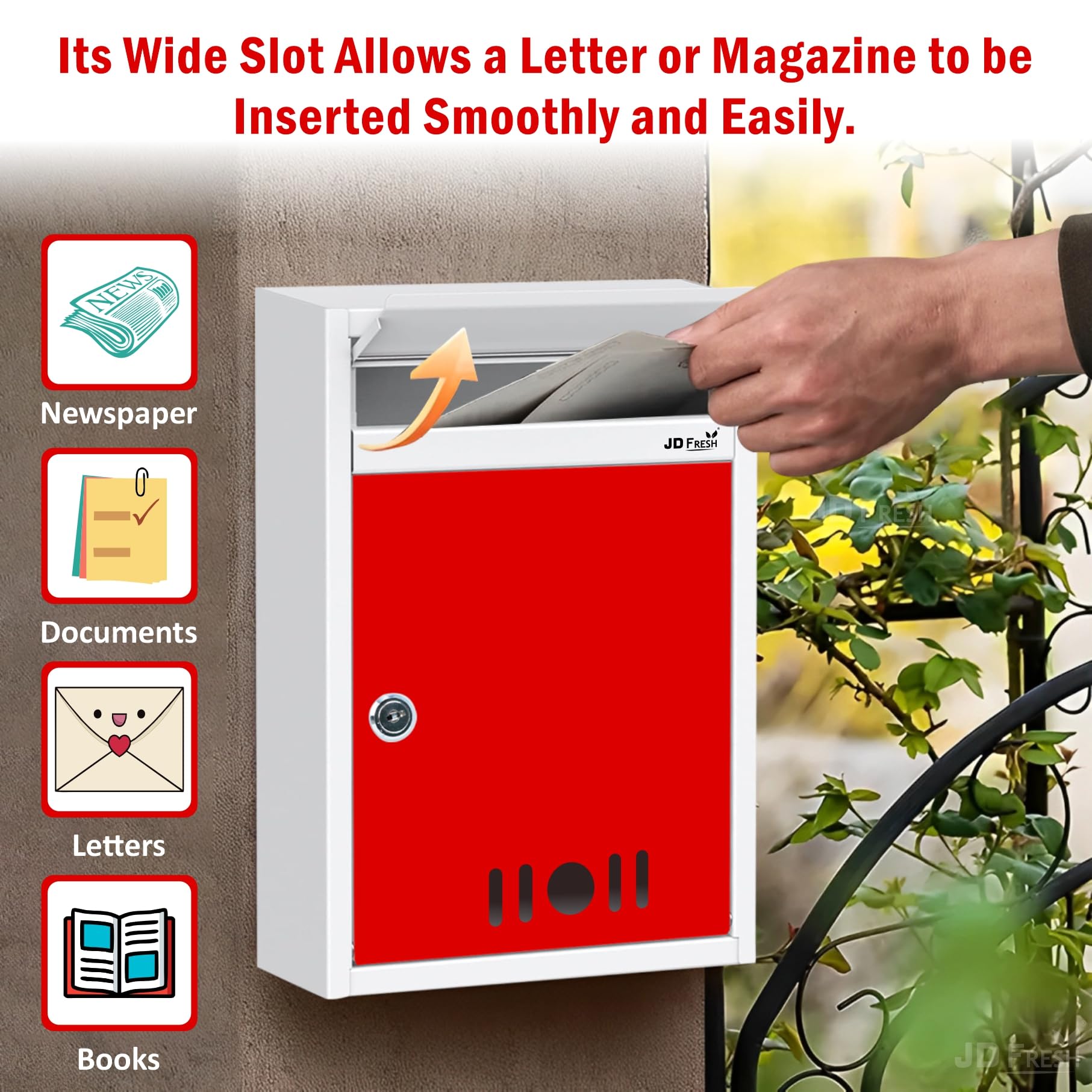 JD FRESH Wall Mount A4 Size Letter Box/Mail Box/Suggestion Box/Complaint Box for Office/Post Box for Home gate with Clear Window View & Secure Key Lock - (Red & Ivory) 4