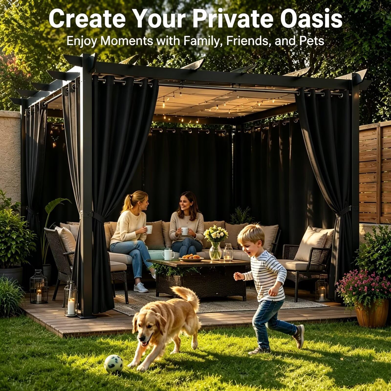 Pavillon Vorhänge Outdoor Sichtschutz mit Ösen H259 x B254cm Schwarz | Wetterfester Vorhang für Garten, Balkon und Terrasse mit langlebigem Oxford Gewebe