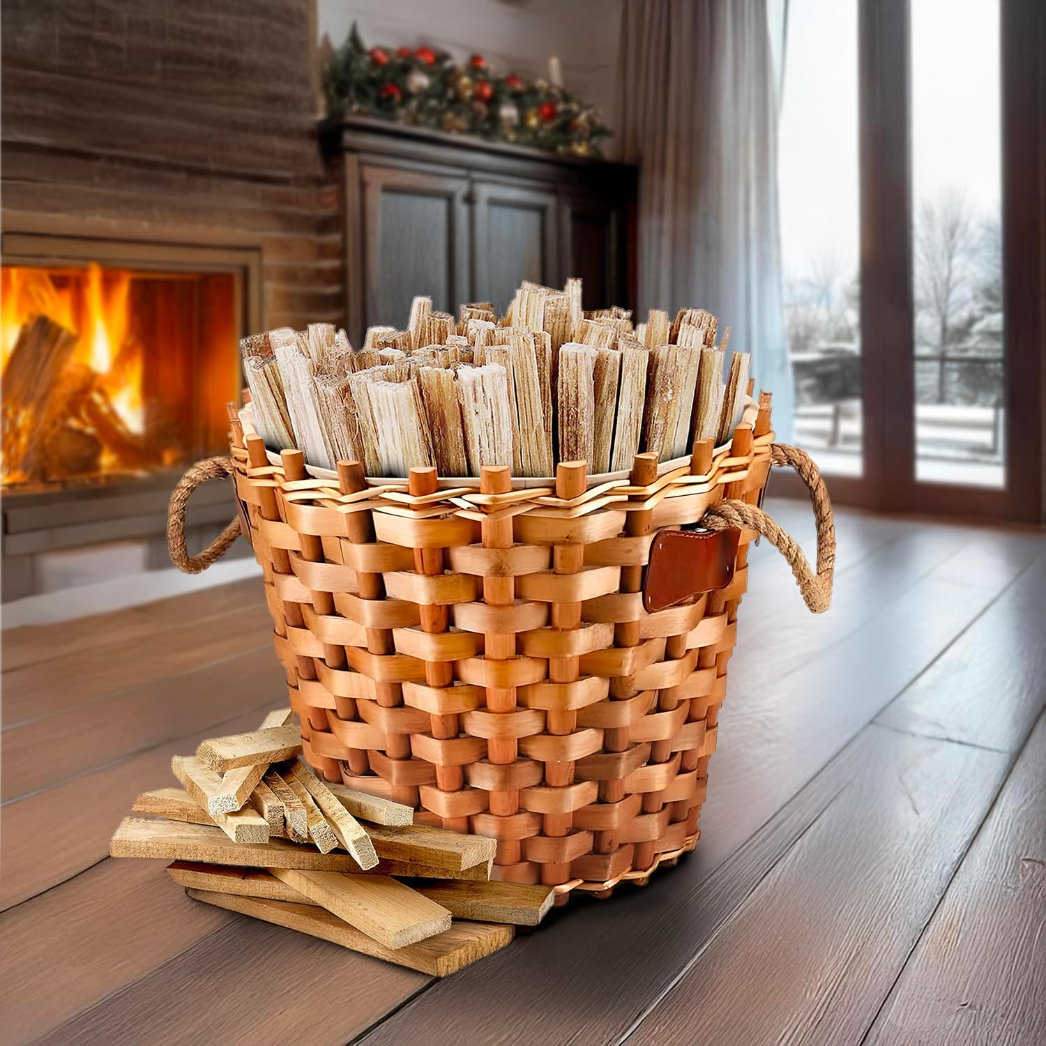 Avilia Cesta Portalegna da Interno Foderata, 47x40cm - Design Elegante in Rattan, Maniglie per Trasporto, Ideale per Camino e Ardere