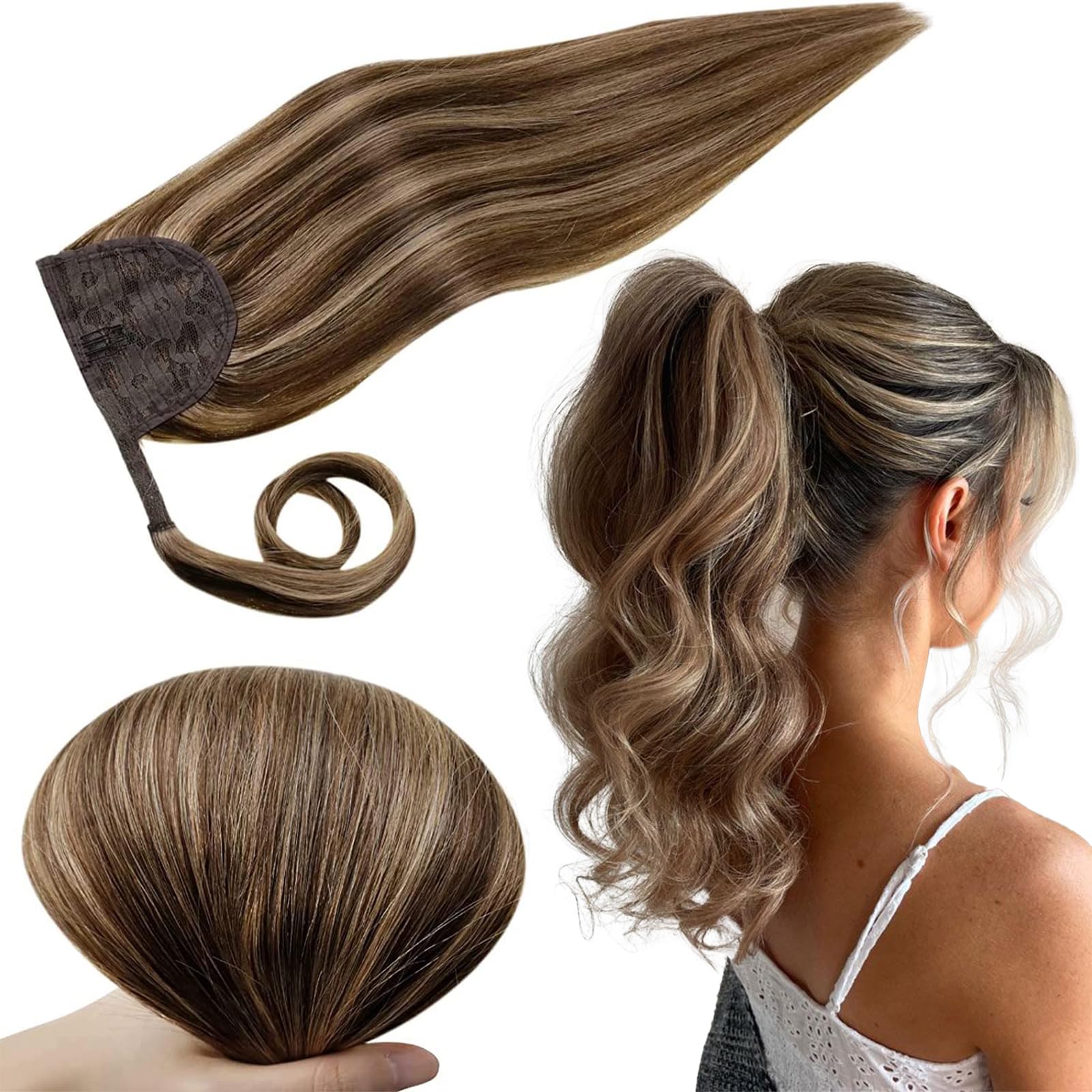 RUNATURE Ponytail Extensions Echthaar Braun Highlight 45cm 80g #3P12 | Clip in Ponytail–hitzebeständig, unsichtbare Clips, nahtlos integriert. Kein Haarausfall, natürlich, mehrdimensional.