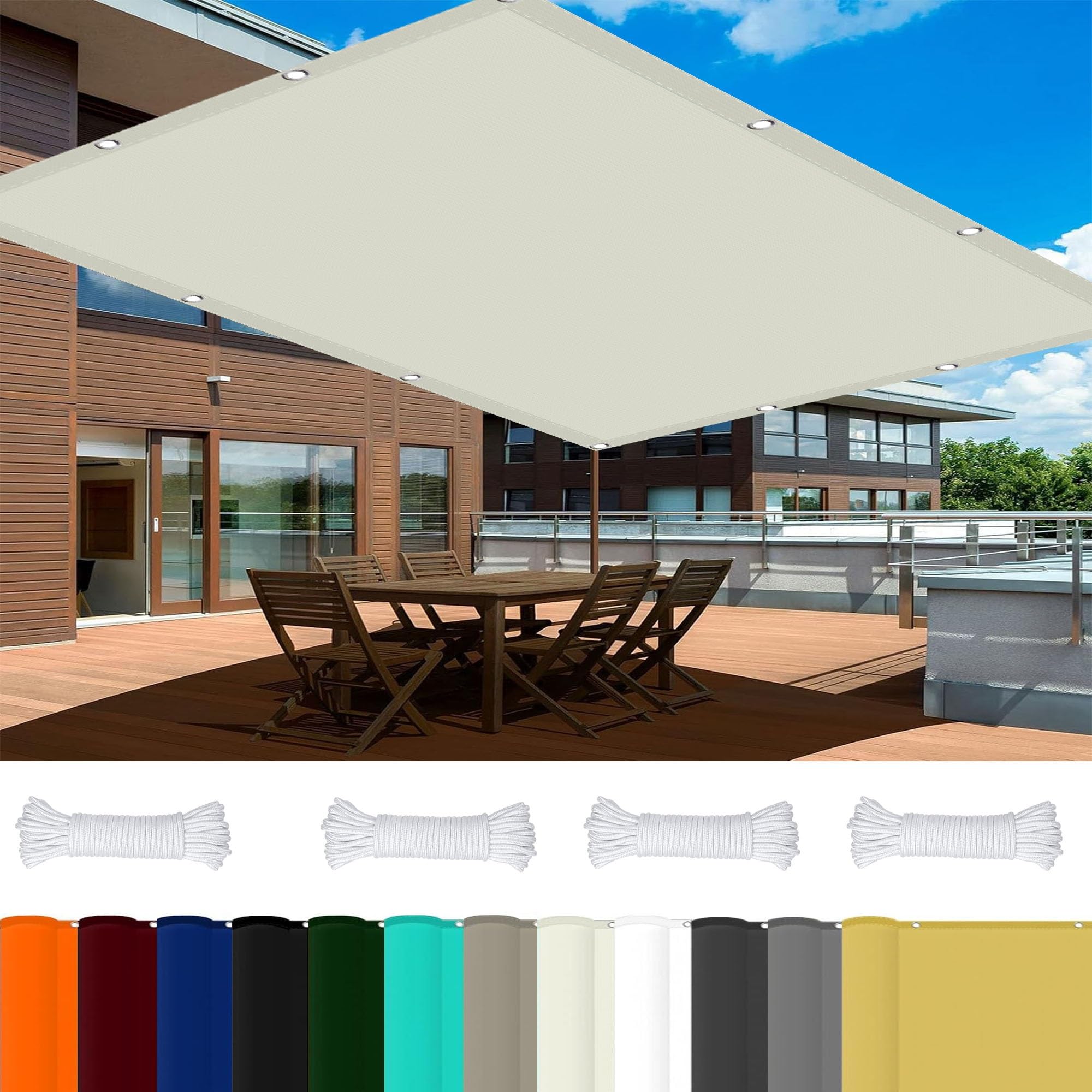 Toldos Exterior Terraza 3 x 6 m 98% UV Protection Solar Sombra Paño Rectangular con Ojales y Cuerdas de Fijación para Terraza Patio Exterior Jardín, Marfil