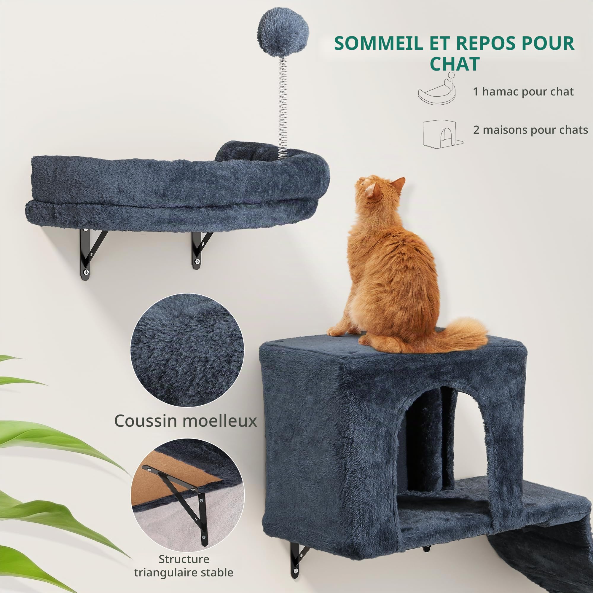 YITAHOME Lot de 8 Murs d'escalade pour Chat, Dispositif d'escalade en Peluche Stable pour Chats, Arbre à Chat Mural avec Griffoirs, Maison, Pont, Escaliers pour Chat et Boule Suspendue, Gris Foncé