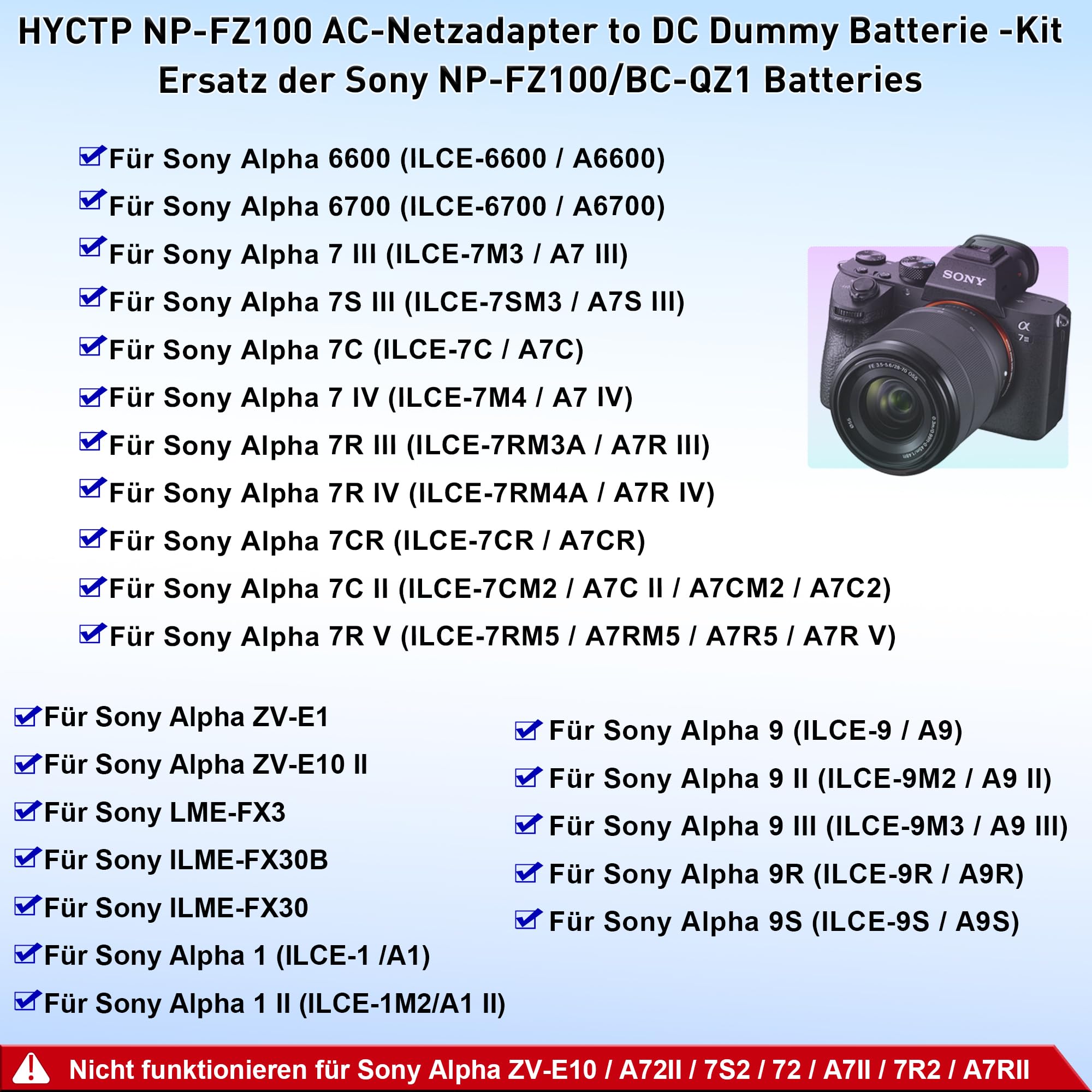 NP-FZ100 AC-Netzadapter/DC-Koppler Dummy Batterie-Kit, für Sony A6600, A6700, ZV-E1, ZV-E10II,A7III,A7SIII,A7C,A7IV,A7R III,A7RIV,A7CR,A7C II,A7RV,Alpha 9,A9II,A9III,A9R,A9S Kamera