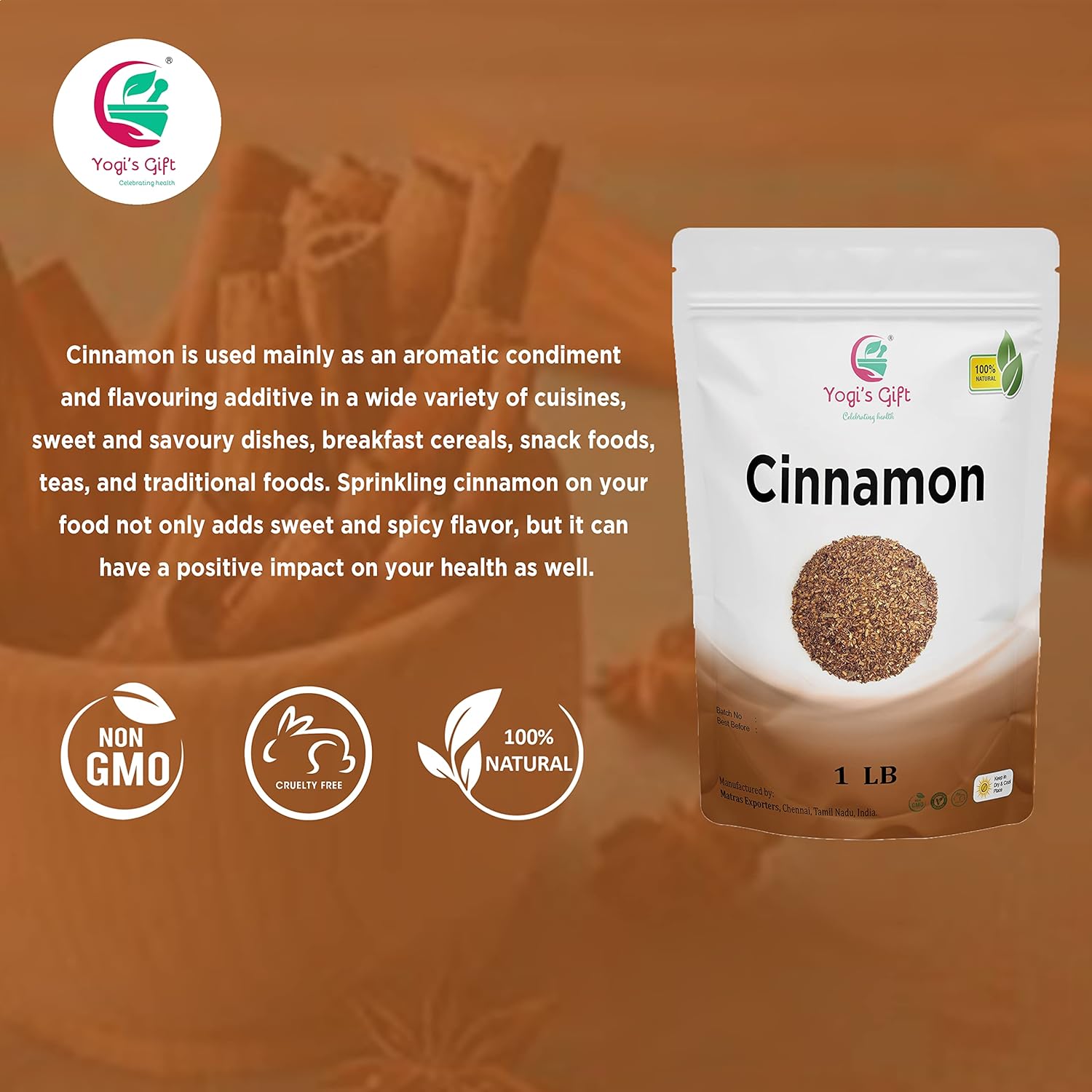 Crushed Cinnamon Bark 1 LB | Bulk Cinnamon Stick Pieces/Chips For Tea, Cooking | Rich Aroma and Great Flavour | Premium Grade Product by Yogi's Gift®
