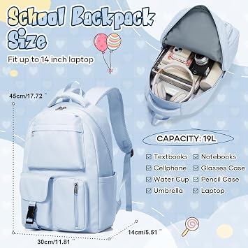 HYC00 Lightweight School Backpack Womens High School Bag for Teenager Girls Boys Waterproof 14 Inch Laptop Rucksack Women Casual Daypacks Travel College Backpack Work Back Pack Bookbag, Blue