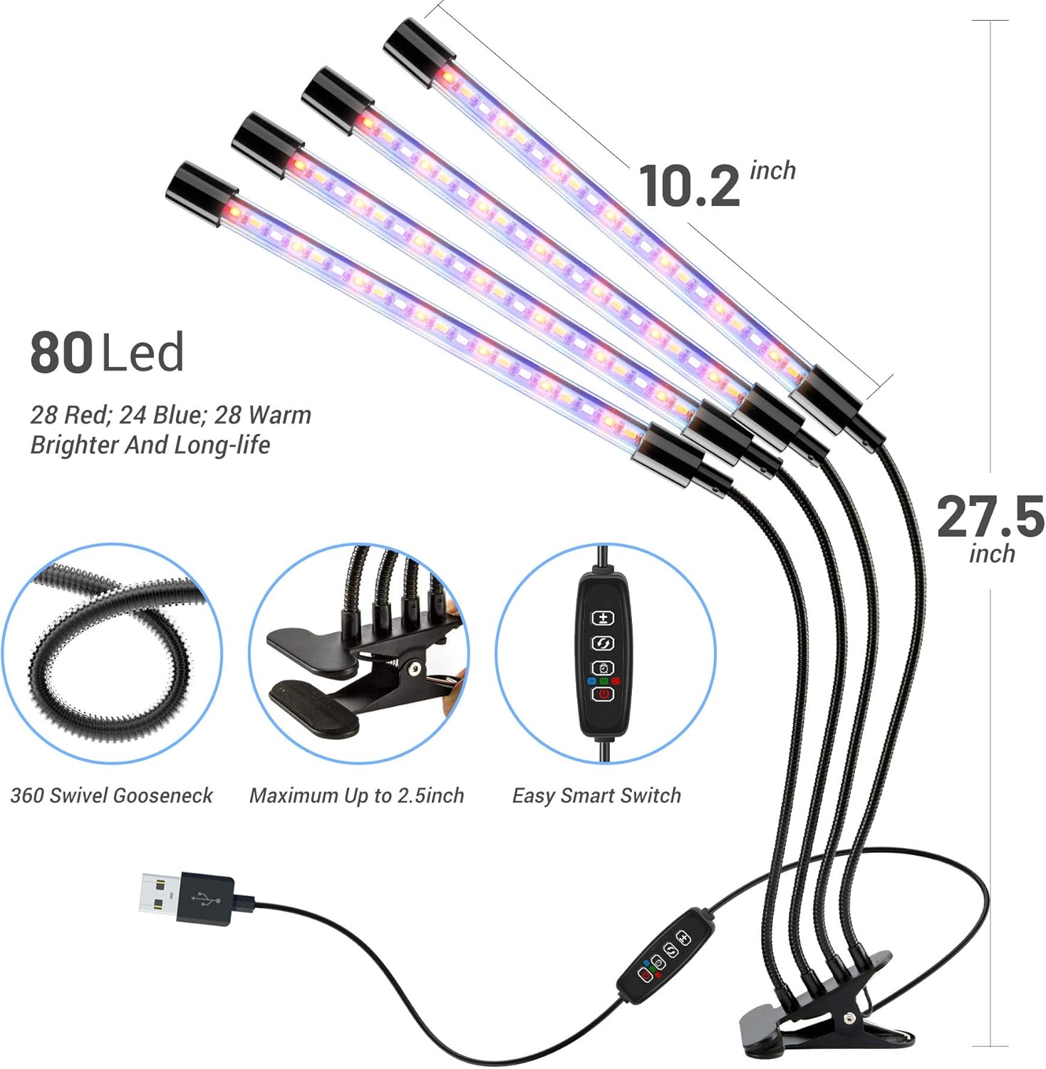 Grow Light for Indoor Plants Four Head LED Growing Light 80 LED Lamps Full Spectrum Plant Growing Lamps 3 Switch Modes 10 Brightness Settings for Indoor Plants Growth (No AC Adapter) : Patio, Lawn & Garden