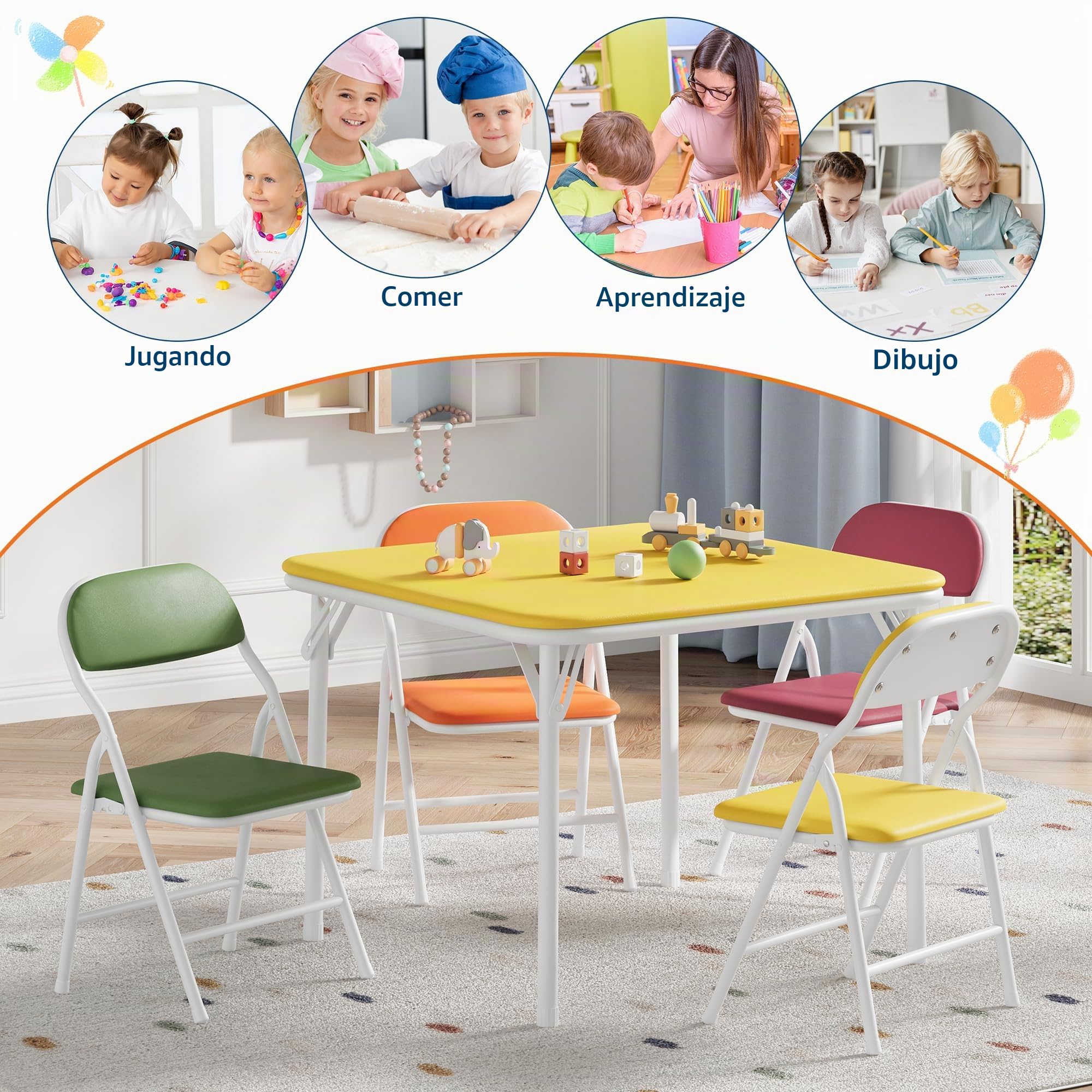 Mesa infantil plegable con 4 sillas, conjunto de mesa y silla infantil para jardín de niños, mesa de actividades para comedor, guardería, aula, colorido