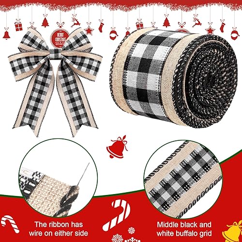 Miniatura 3 de 2 rollos de cintas de arpillera a cuadros de búfalo de Navidad, con borde con alambre, cinta para manualidades de tela a cuadros para decoración de