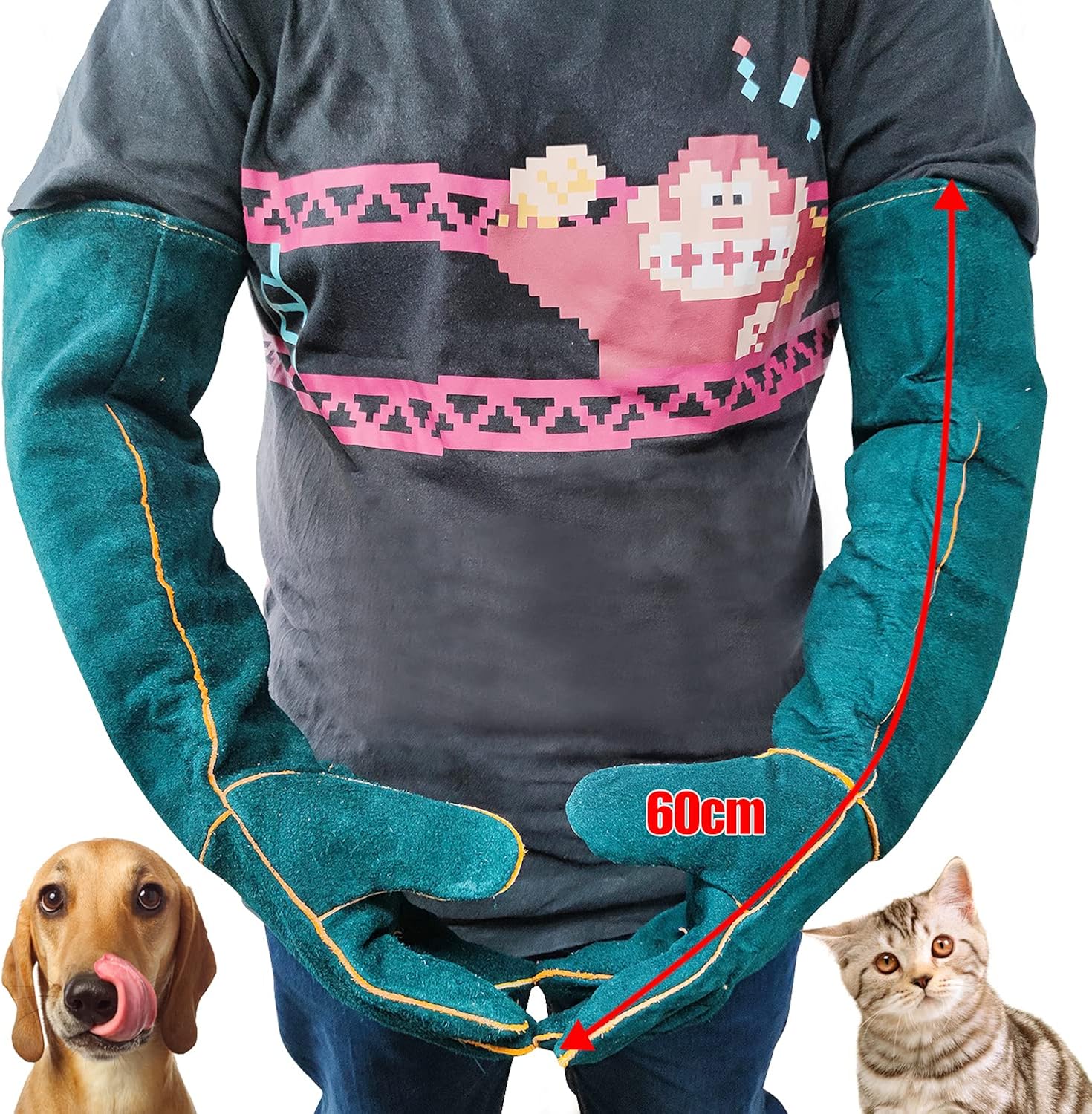 Spring.Rd AntiBite Gloves Safety Ultra Long Leather Bite Green Pets