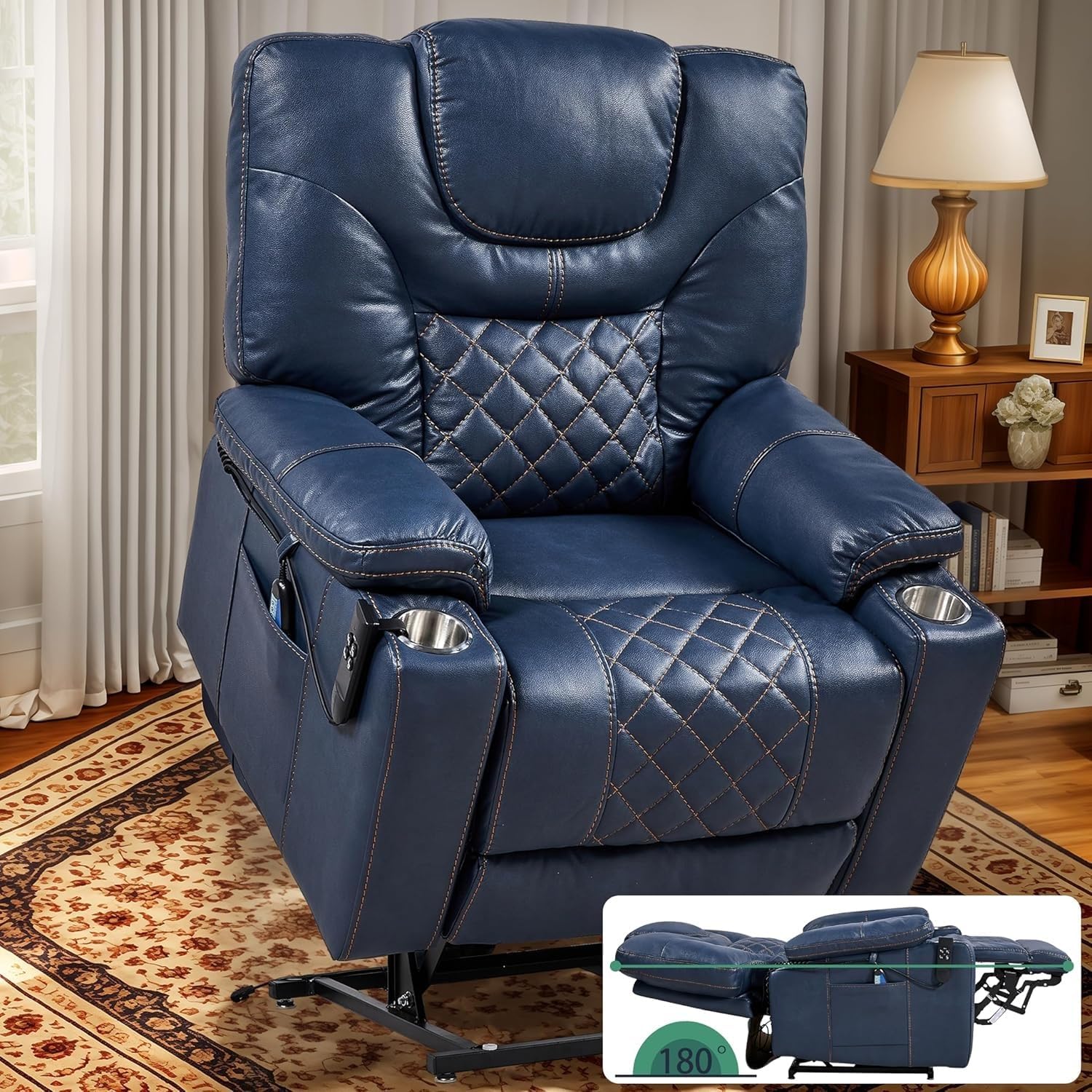 Electric Recliners Chair Elderly & Adult Ergonomic Power Lift Recliner, High Density Foam Lift Chair with Heat and Massage, Reclining to 180, 2 Cup Holders, 2 Remote Controls, Dual Motors, Breathable