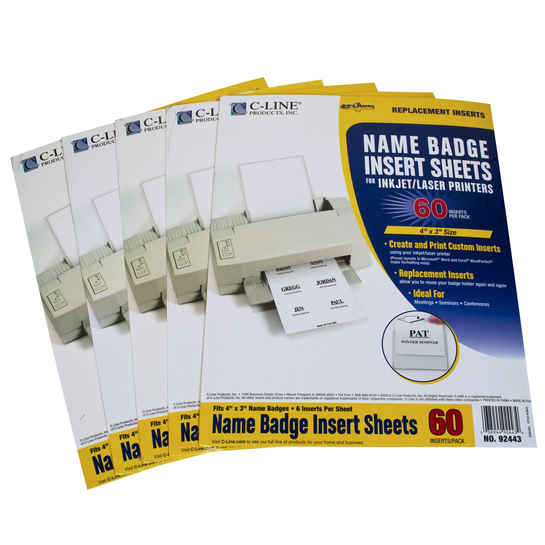 C-Line Replacement Inkjet/Laser Printer White Badge Inserts, 3 x 4 Inches, 6 Sheet, 5 Packs with 10 Sheets per Pack, 300 Inserts Total (92443-5)