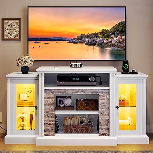 YITAHOME Modern TV Stand for 65 Inch TV, LED Entertainment Center with Power Outlets, Media Console TV Cabinet with Adjustable Shelves & Glass Door for Living Room, White, 59'' TV Stand