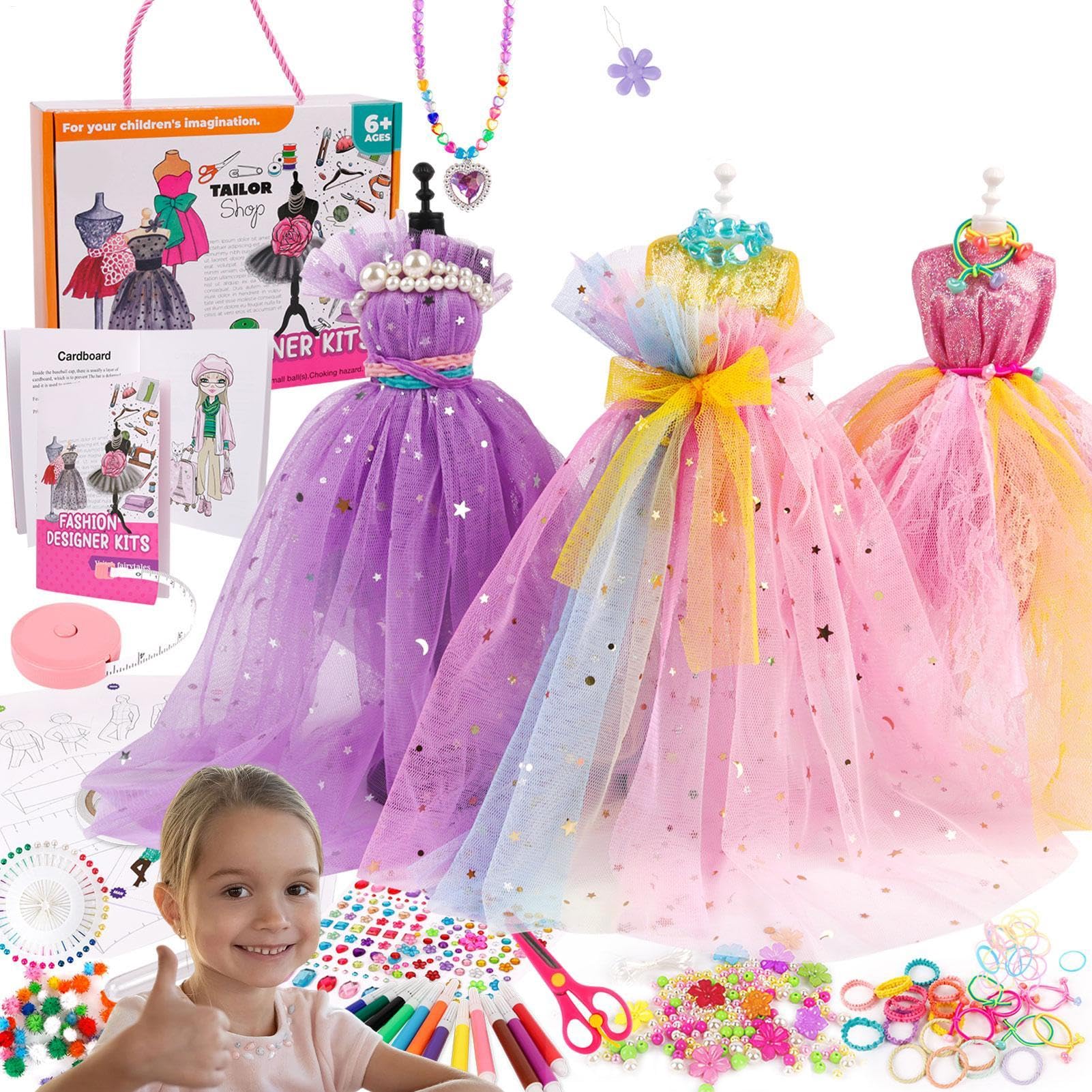 Kit de diseño de vestidos para niños: kit de costura de 309 piezas, 2 soportes para maniquí, juego de diseño de moda | Kit para aprender a coser, confección de ropa para muñecas, regalo ideal para niñ
