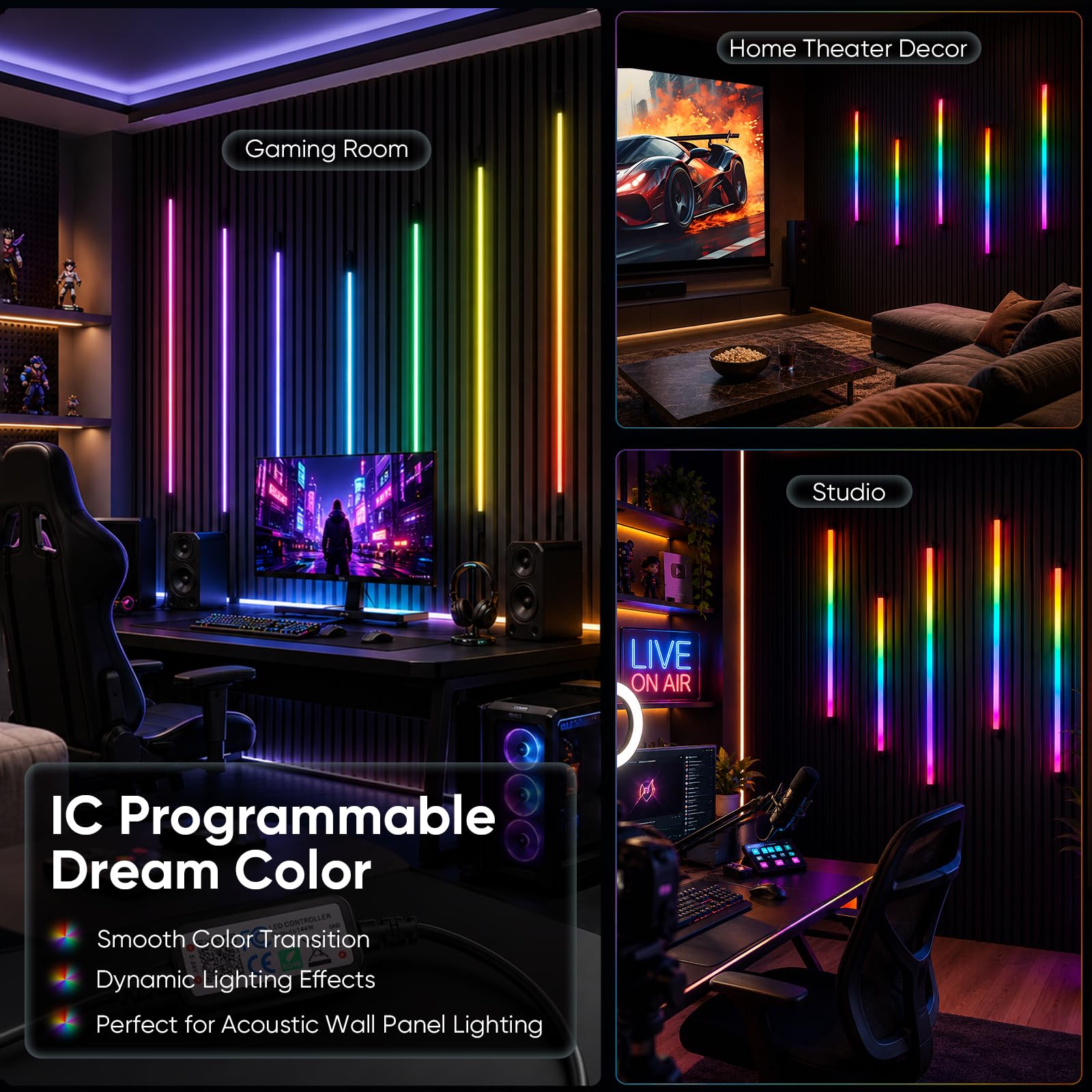 Illuminazione per Pannelli Acustici, Dimmerabile Sezionabile LED Integrati 4 LED Strisce RGB Dream Color 100cm Sincronizzazione Musicale Telecomando Regolazione Colore e Luminosità Controllo App