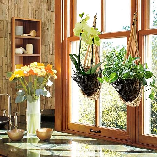 Miniatura 8 de Macetero colgante para orquídeas, paquete de 6 cestas colgantes de orquídeas tejidas de bambú tailandés de 5 pulgadas con gancho de metal,