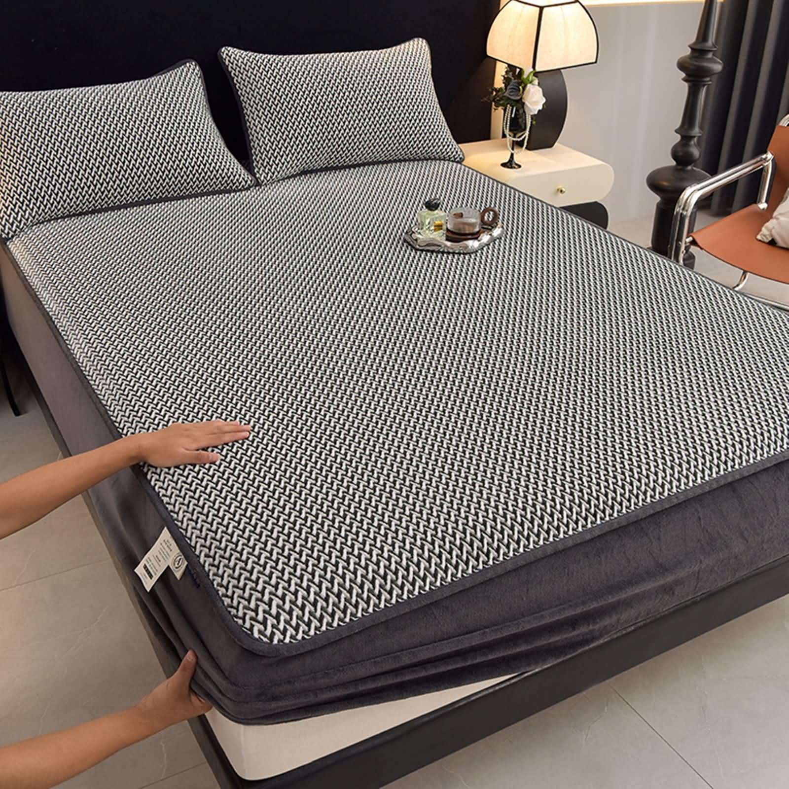 Set Lenzuola con Angoli e Federe, 200x220cm Grigio Lenzuolo Con Angoli in Velluto Protezioni Per Materassi | con 2 federe
