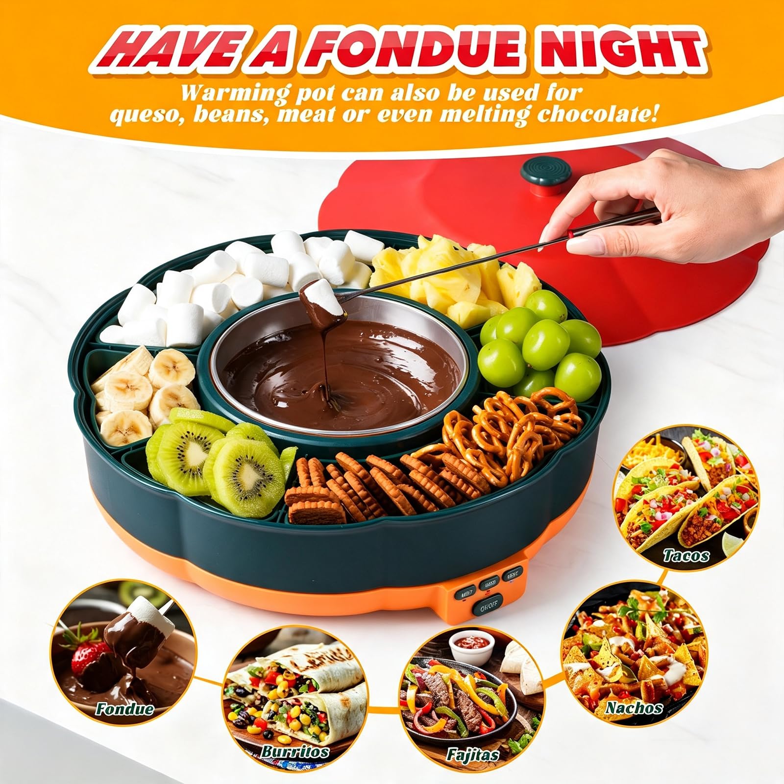 Juego de Fondue de Chocolate eléctrica, Olla calentada de 33 oz | 4 soportes para tacos, bandeja desmontable Lazy Susan para preparación de alimentos compartidos en fiestas en interiores