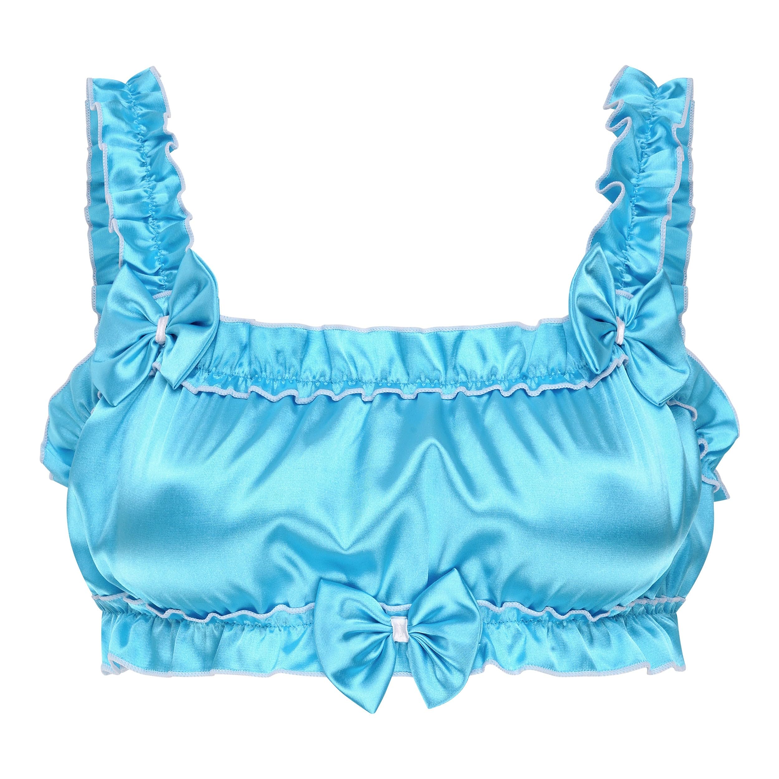 Satini Sissy Frilly Ruffled Fitted Silky Satin Lingerie Bralette (Aqua Blue, XL)