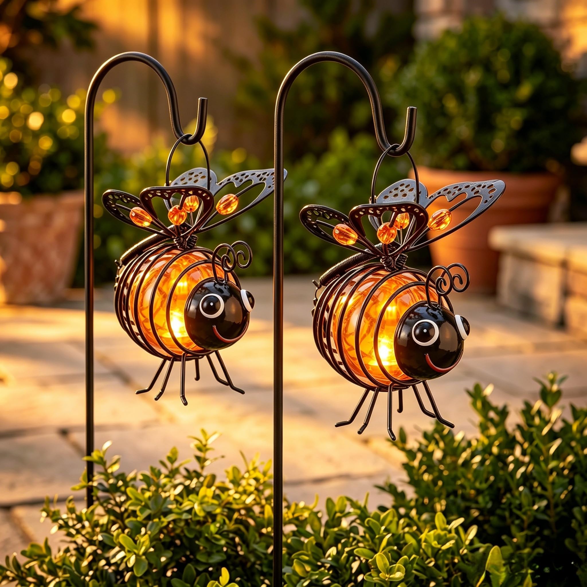 Crgangzy 2Pcs Orange 2Pcs Bee Solar Lights Outdoor Garden, Metal Solar-Powered Hanging Bee Light