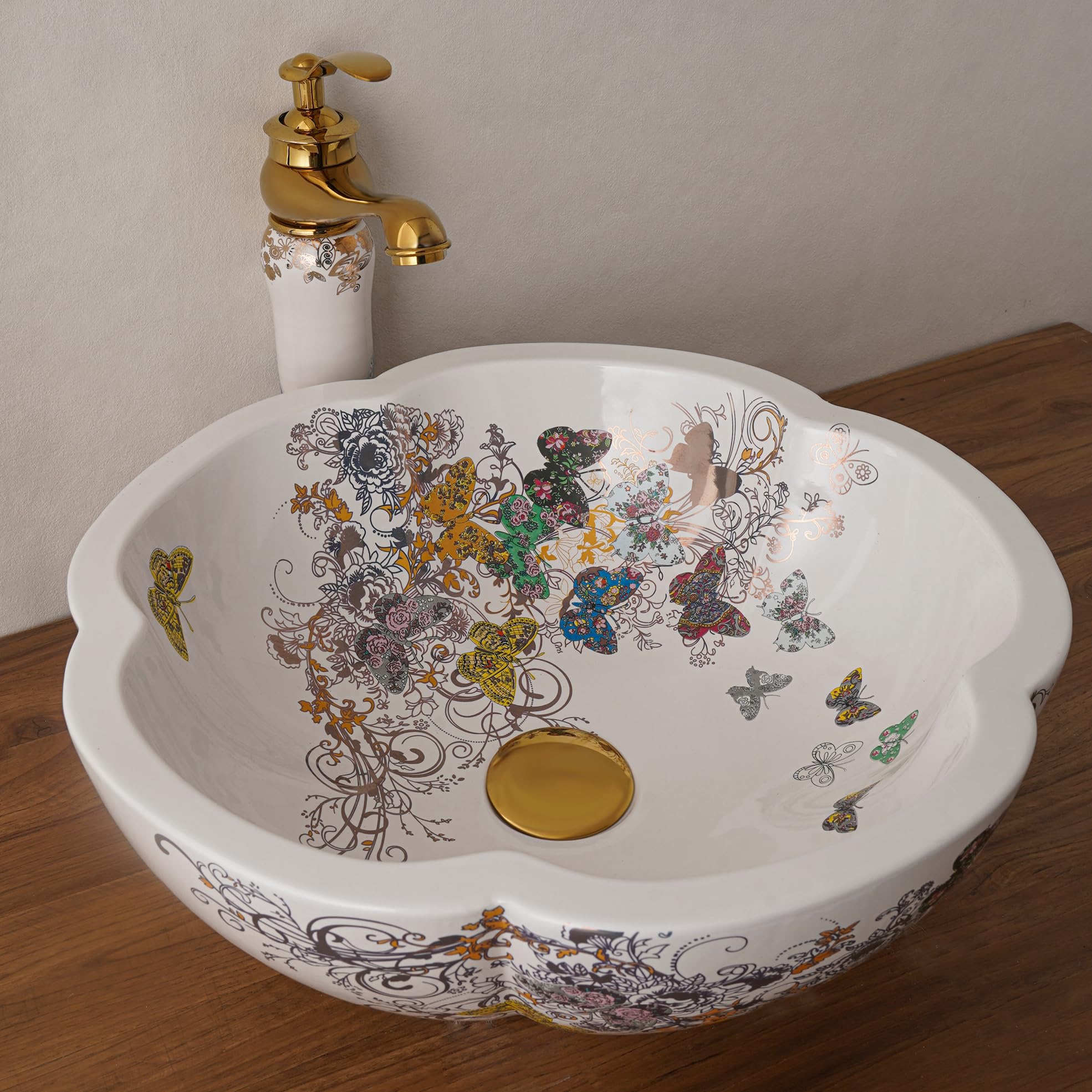 XIGGJYL Vessel Bathroom Sink Flower Shape Design Porcelain Above