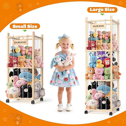 Miniatura 8 de Almacenamiento de animales de peluche organizador de juguetes de peluche de madera, zoológico de animales de peluche con red de malla, soporte para