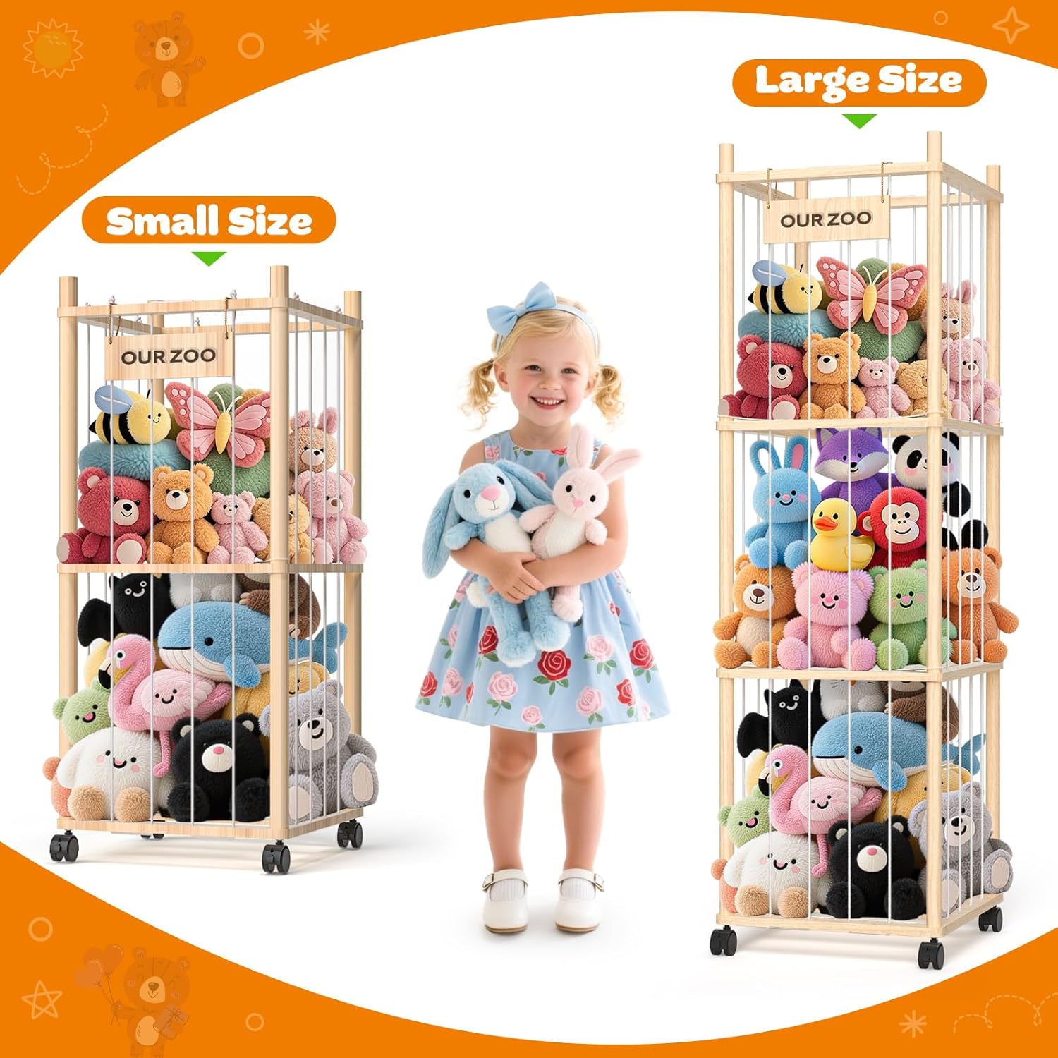 Stuffed Animal Storage: Wood Plush Toy Organizer, Stuffed Animal Zoo with Mesh Net, Stuffed Animal Holder with Brake Wheels, Space Save Stuffed Animal Cage for Kids Room Playroom Nursery Bedroom - Image 8
