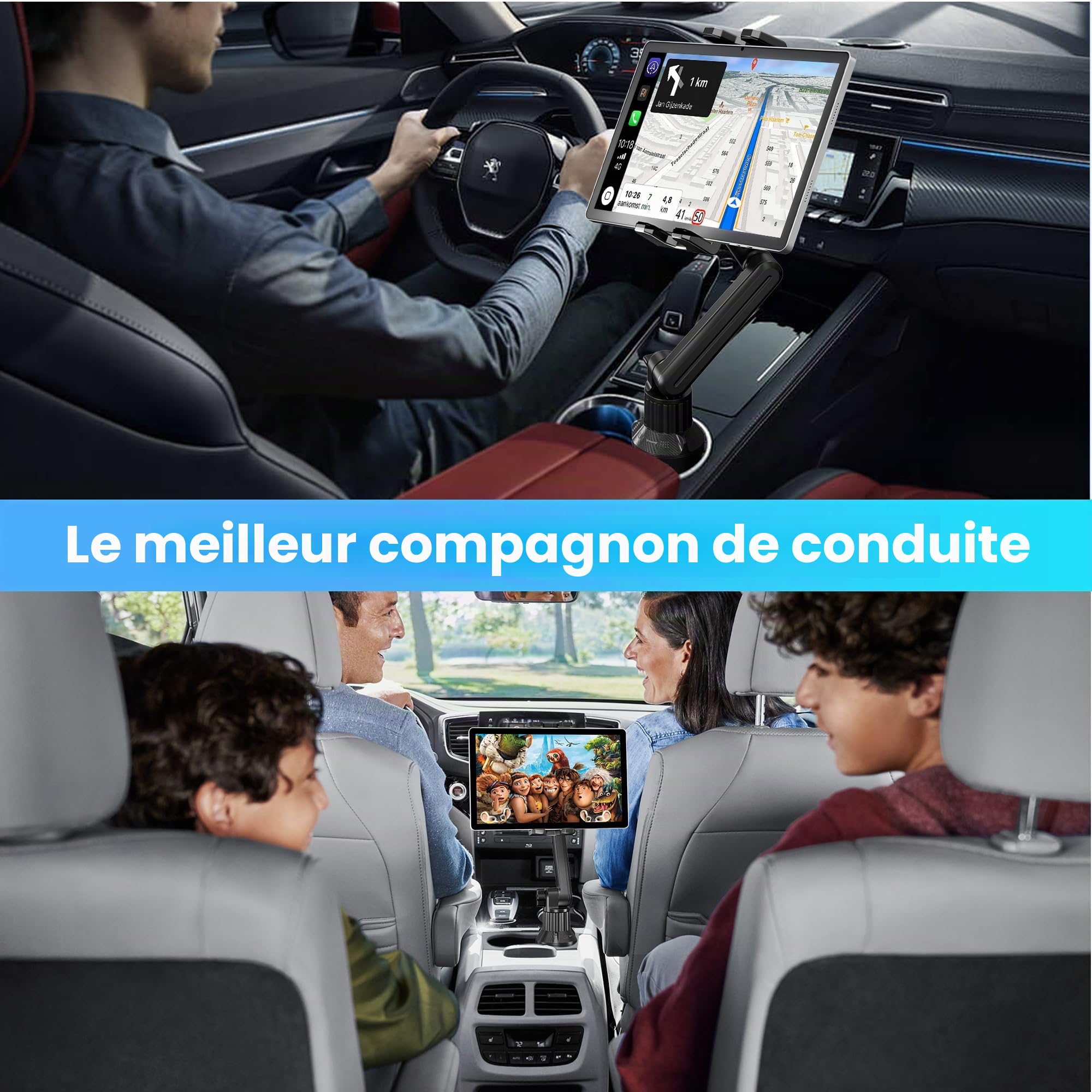 Support de Voiture pour Tablette, iPad, Support de Voiture avec Bras réglable de 38,1 cm pour Tablette iPhone 4,7-13", iPad Pro Air Mini, Fire, iPhone 16 15, Galaxy S25 S24 Z Fold 6 5