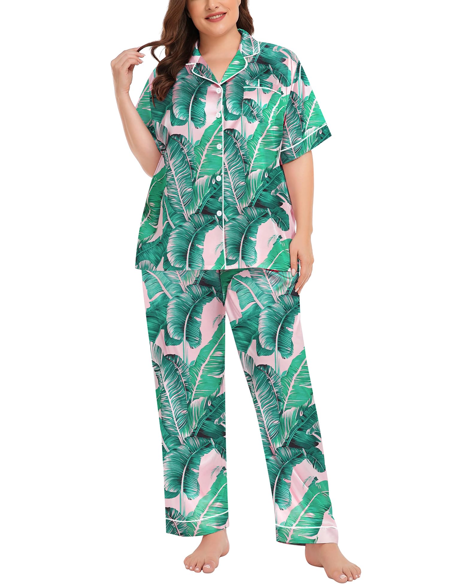 SWOMOG Women's Plus Size Pajamas Silk Satin Pajama Set Short Sleeve Shirt with Full-Length Pants Pjs Sleepwear Set 18W-26W