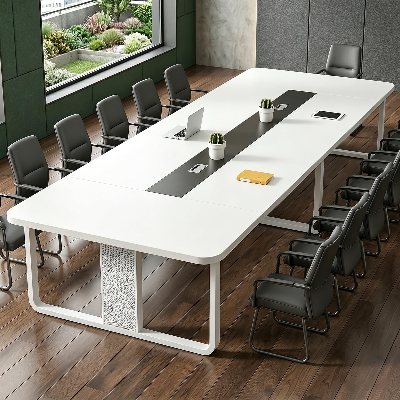 Tavolo da Conferenza Grande per Ufficio e Sale Riunioni, Tavolo Riunioni Ufficio Moderno con Gestione Cavi e Gambe in Metallo, Solo Tavolo Senza Sedie(Bianco,350 * 120 * 74cm)