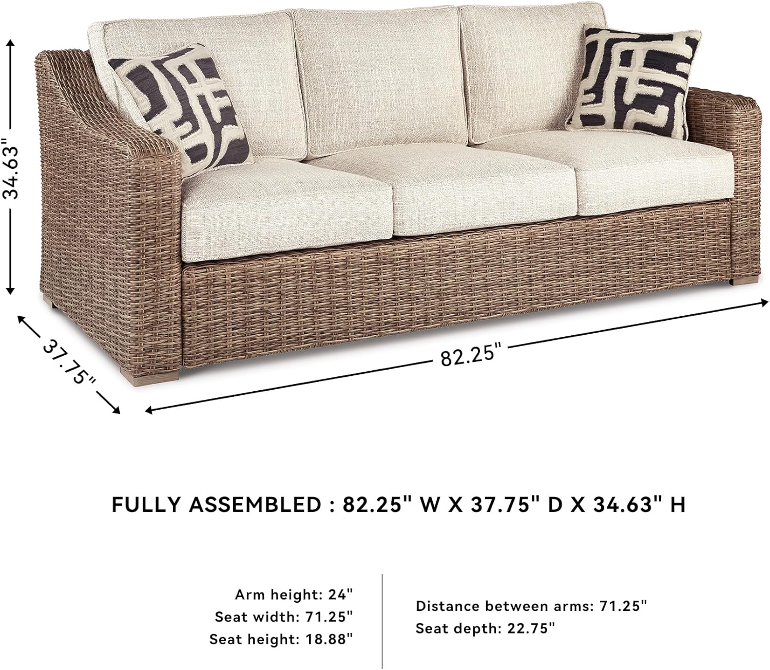 Signature Design by Ashley Beachcroft Outdoor Wicker Patio Sofa with Cushion and 2 Pillows,Nuvella Weather Resistant Fabric, Beige