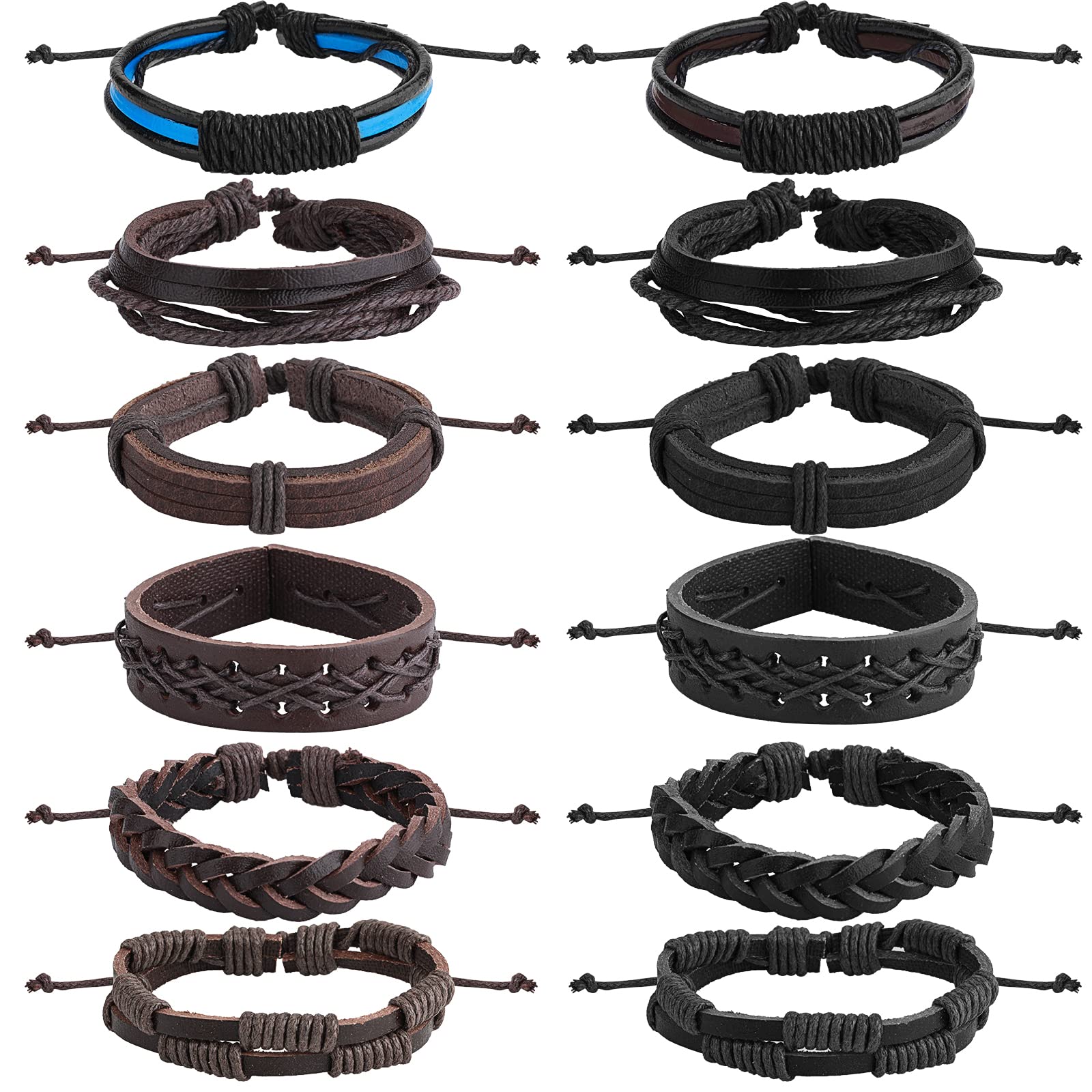 Yolev 12 Piezas Pulseras de Cuero Hombre Trenzado Mujer Brazaletes de Cuero Hombre Pulsera Cruzada Ancha de Color Negro Marrón Trenzado Conjunto de Pulsera Elástica Ajustable de Longitud