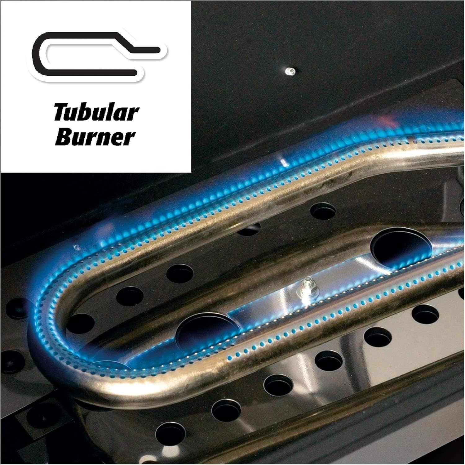 Close-up of the tubular burner with blue flames