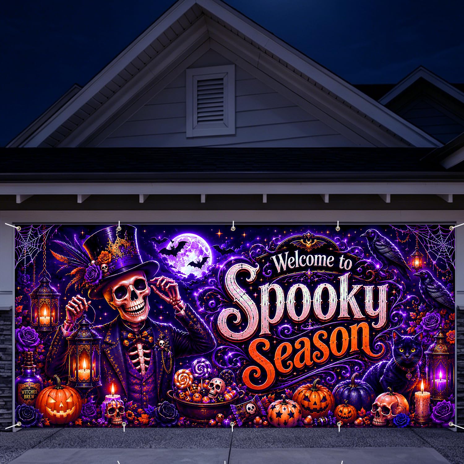 7 x 16 ft Spooky Skeleton Halloween Garage Door Decorations Halloween decorations Door Cover, Hanging Banner for Home, Outdoor, Indoor, Spooky Party, Wall, Window
